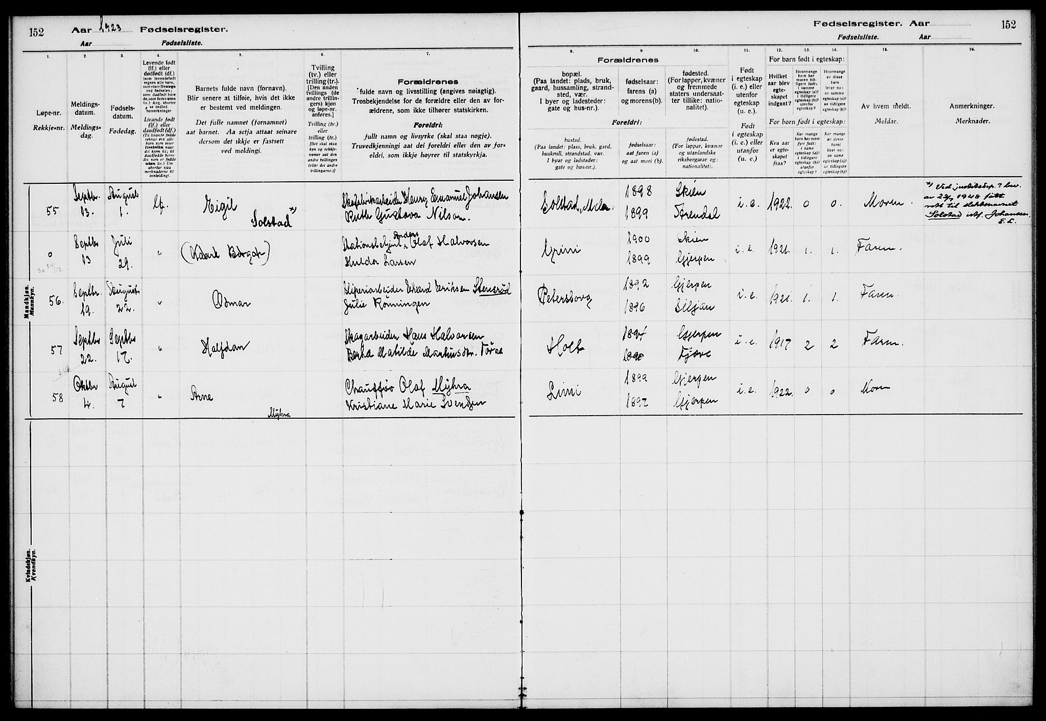 Gjerpen kirkebøker, AV/SAKO-A-265/J/Ja/L0001: Fødselsregister nr. I 1, 1916-1926, s. 152