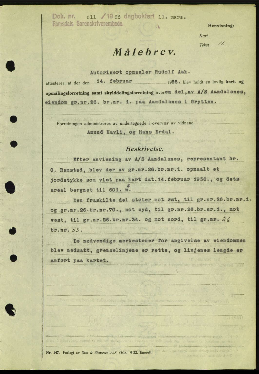 Romsdal sorenskriveri, SAT/A-4149/1/2/2C: Pantebok nr. A1, 1936-1936, Dagboknr: 611/1936