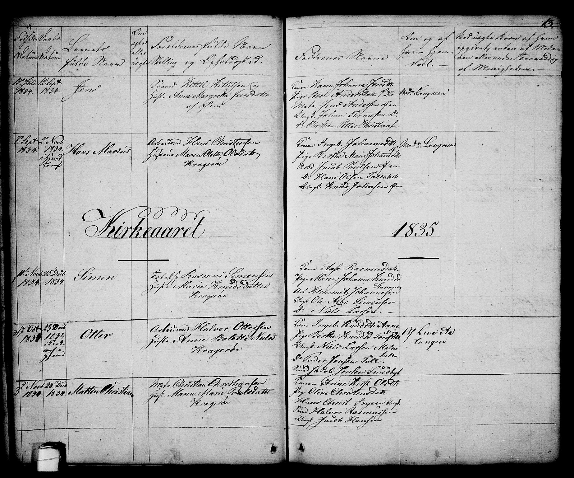 Kragerø kirkebøker, AV/SAKO-A-278/G/Ga/L0003: Klokkerbok nr. 3, 1832-1852, s. 13