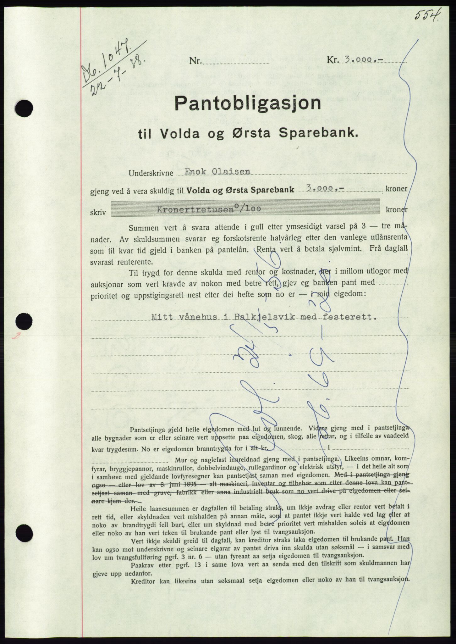 Søre Sunnmøre sorenskriveri, AV/SAT-A-4122/1/2/2C/L0065: Pantebok nr. 59, 1938-1938, Dagboknr: 1047/1938