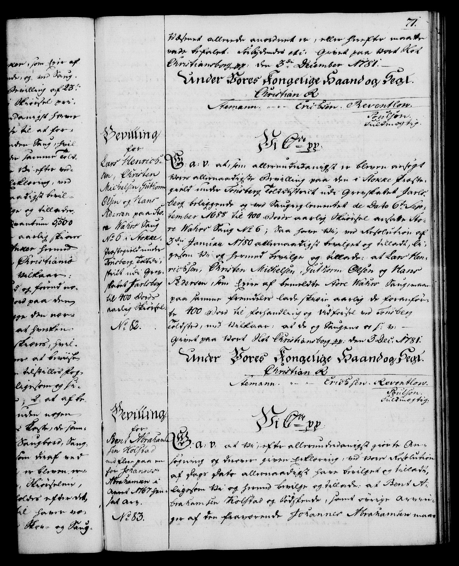 Rentekammeret, Kammerkanselliet, RA/EA-3111/G/Gg/Gga/L0012: Norsk ekspedisjonsprotokoll med register (merket RK 53.12), 1781-1783, s. 71