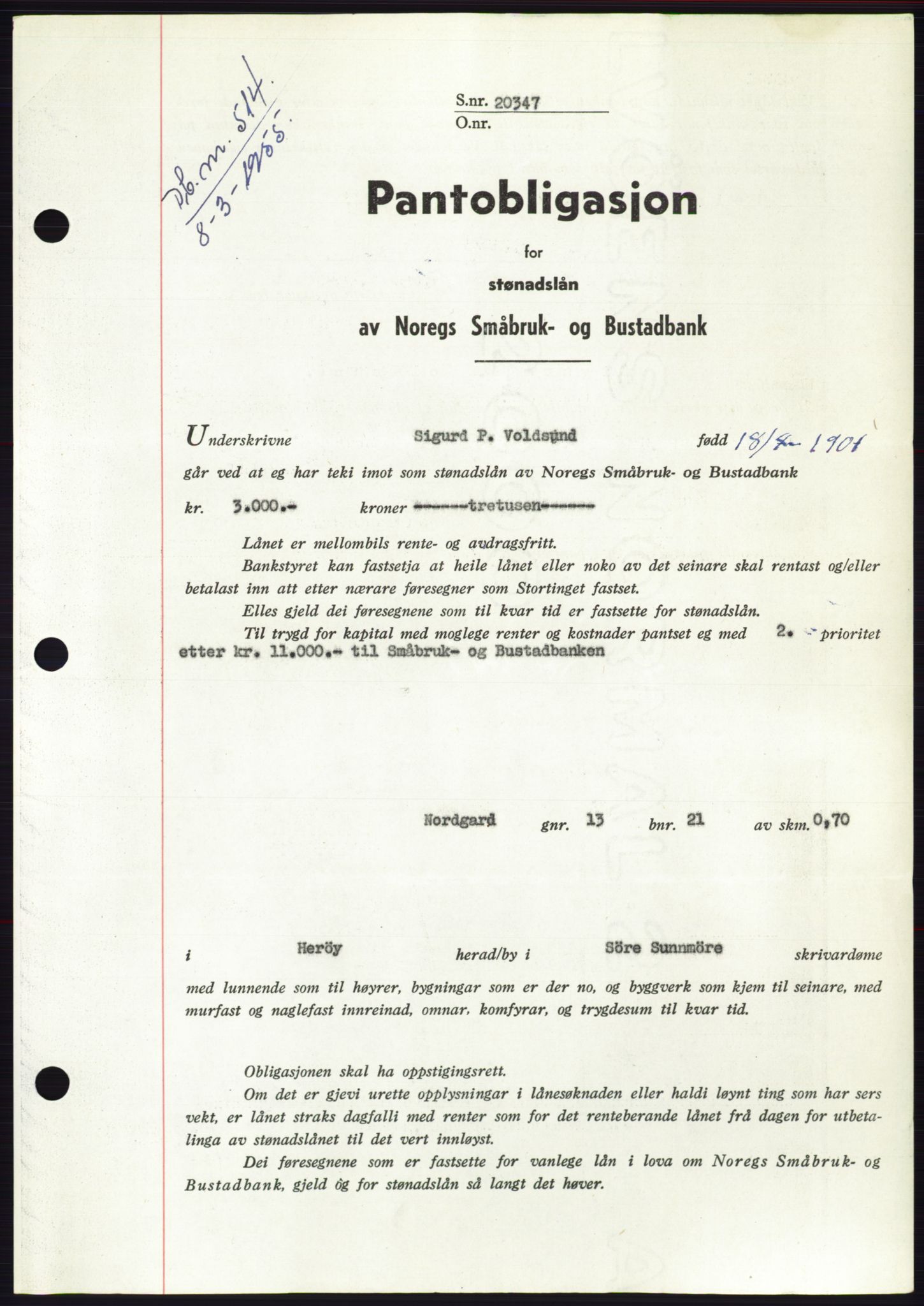 Søre Sunnmøre sorenskriveri, AV/SAT-A-4122/1/2/2C/L0126: Pantebok nr. 14B, 1954-1955, Dagboknr: 514/1955