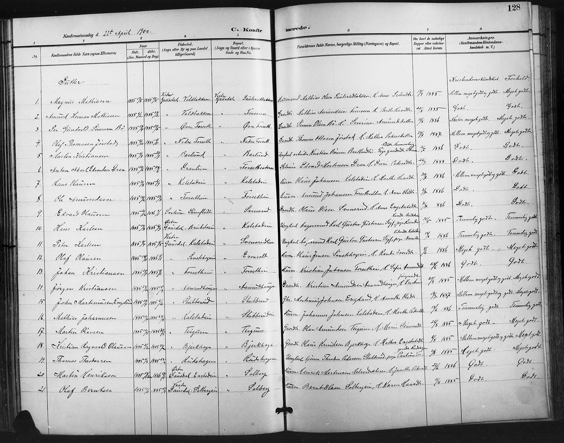 Vestre Gausdal prestekontor, AV/SAH-PREST-094/H/Ha/Hab/L0003: Klokkerbok nr. 3, 1896-1925, s. 128