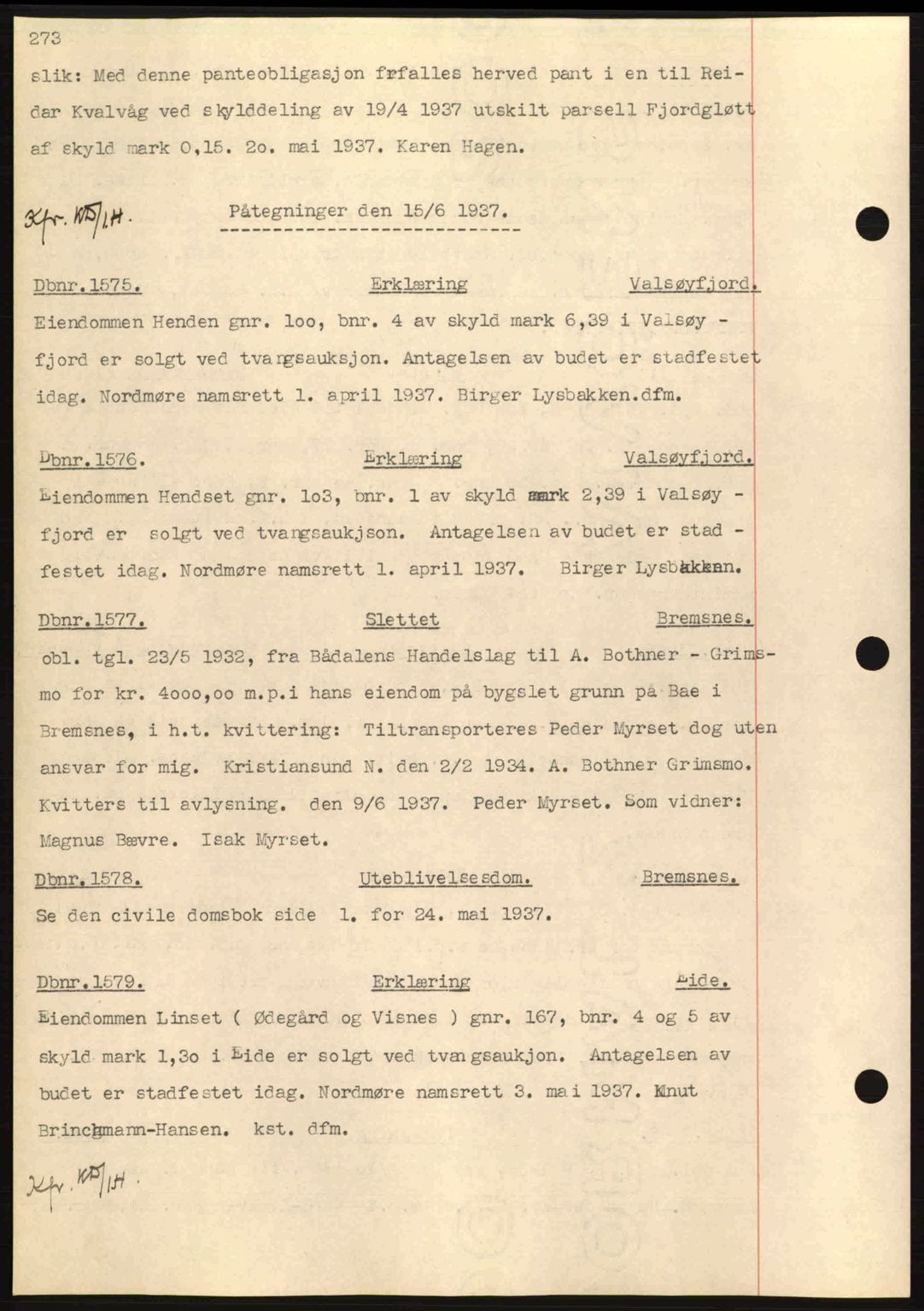 Nordmøre sorenskriveri, SAT/A-4132/1/2/2Ca: Pantebok nr. C80, 1936-1939, Dagboknr: 1575/1937
