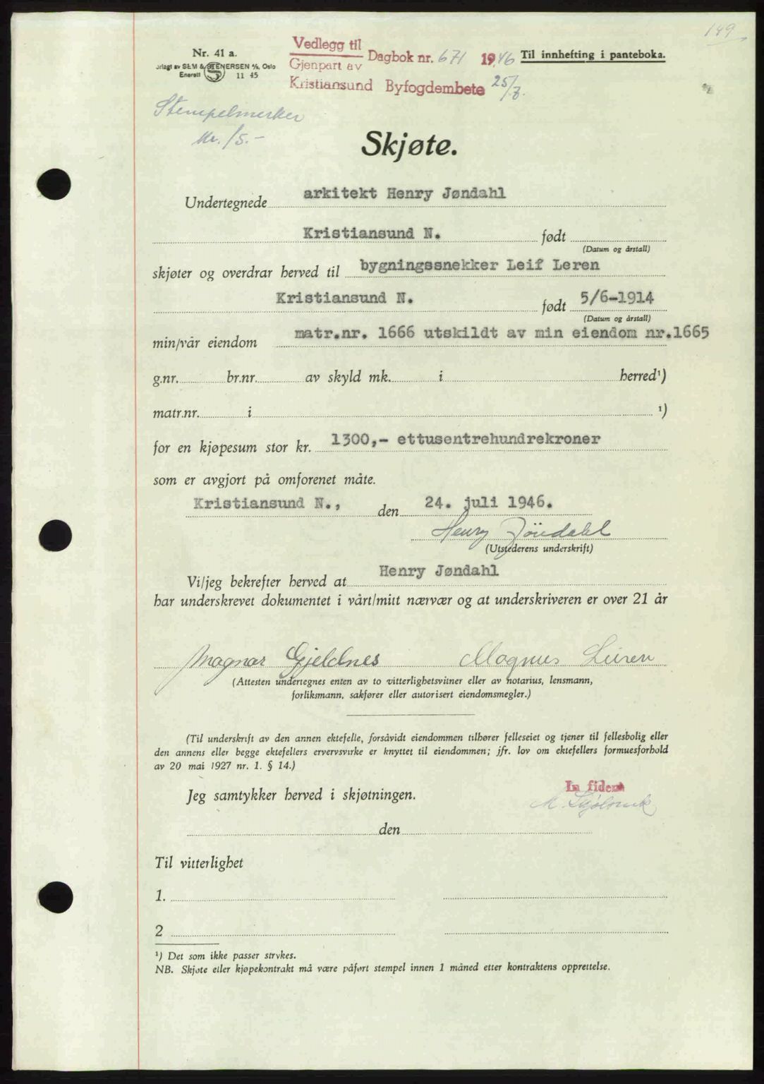 Kristiansund byfogd, AV/SAT-A-4587/A/27: Pantebok nr. 39b, 1946-1947, Dagboknr: 671/1946