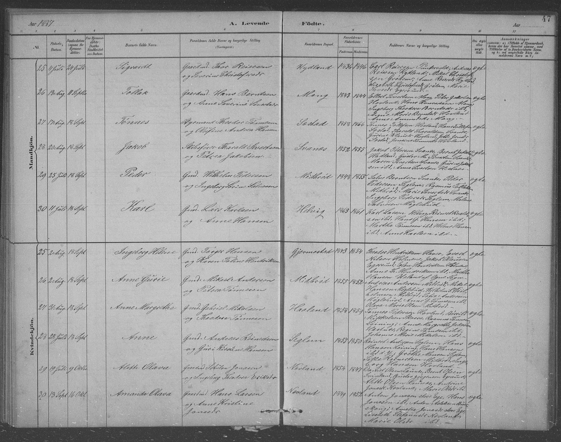 Eigersund sokneprestkontor, AV/SAST-A-101807/S09/L0007: Klokkerbok nr. B 7, 1882-1892, s. 47