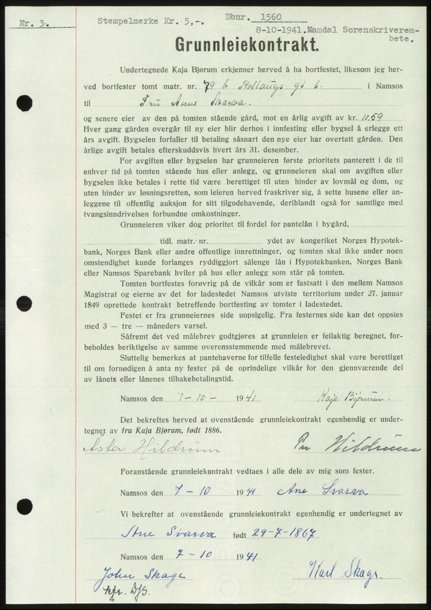 Namdal sorenskriveri, SAT/A-4133/1/2/2C: Pantebok nr. -, 1941-1942, Dagboknr: 1560/1941