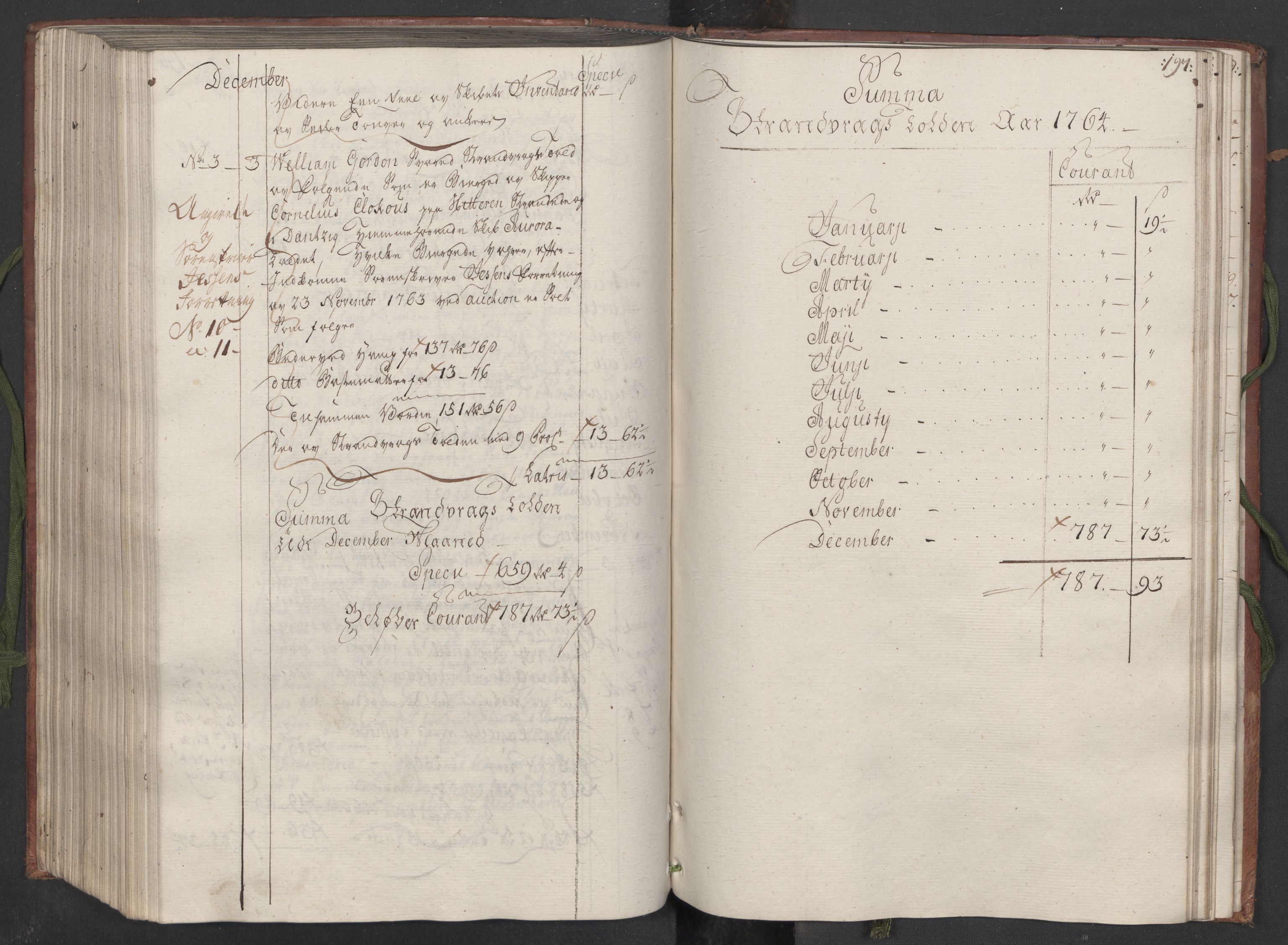 Generaltollkammeret, tollregnskaper, AV/RA-EA-5490/R33/L0082/0001: Tollregnskaper Trondheim A / Inngående hovedtollbok, 1764, s. 190b-191a