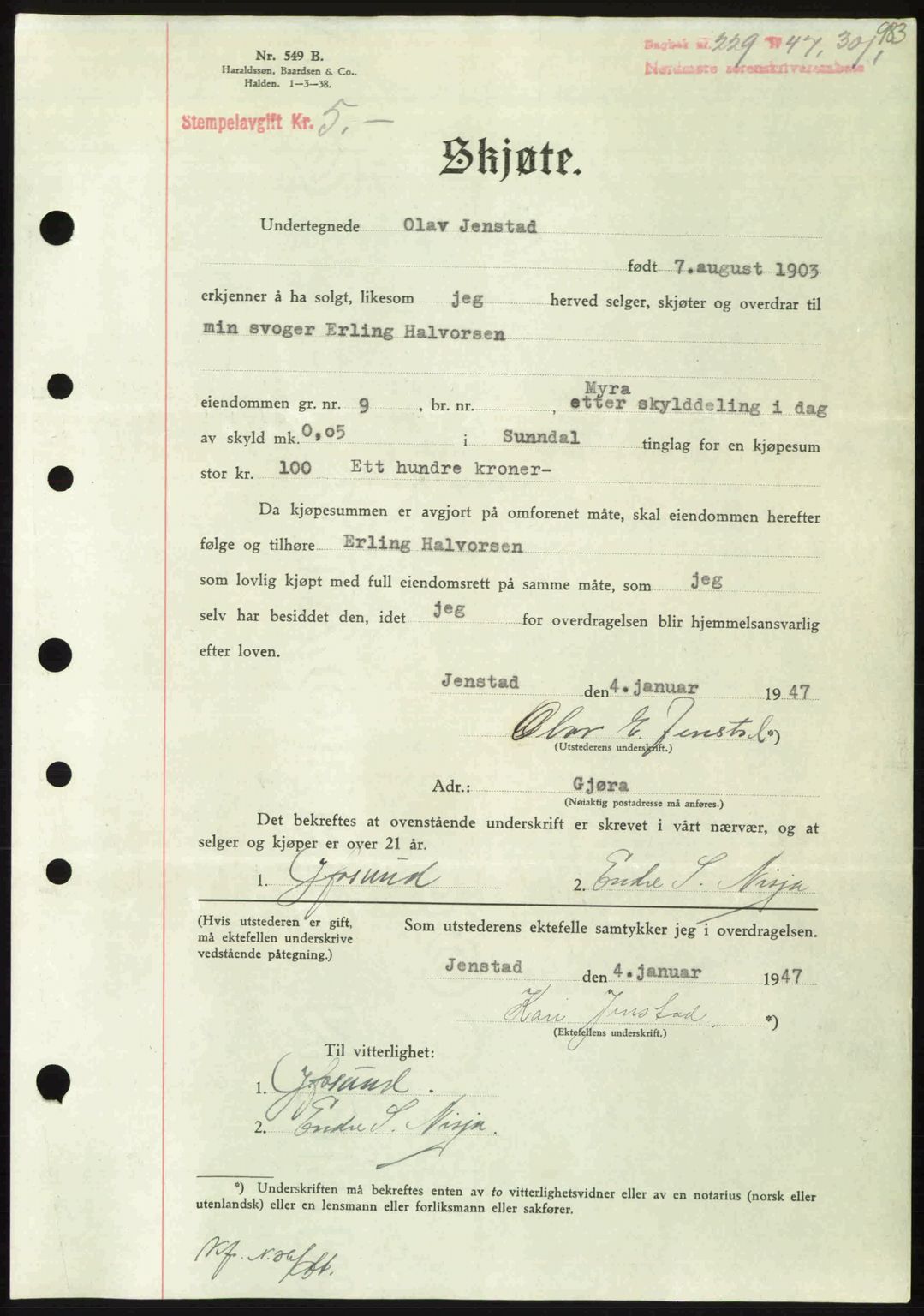 Nordmøre sorenskriveri, SAT/A-4132/1/2/2Ca: Pantebok nr. A103, 1946-1947, Dagboknr: 229/1947