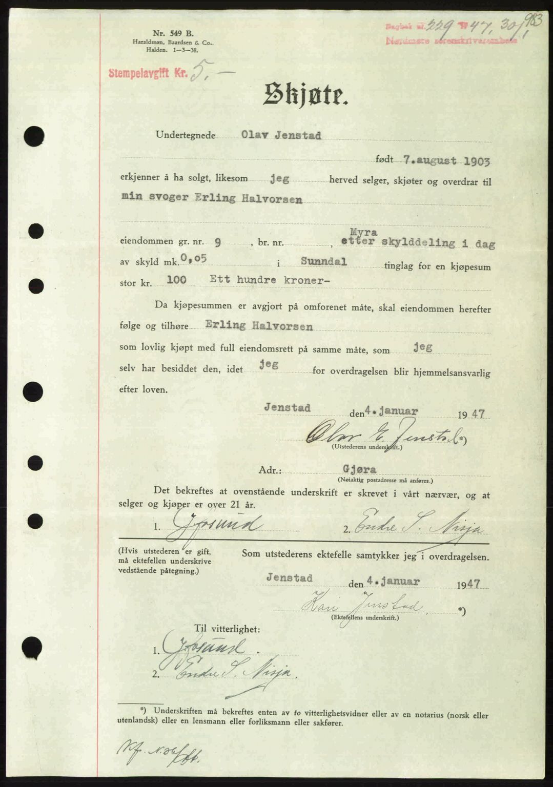 Nordmøre sorenskriveri, AV/SAT-A-4132/1/2/2Ca: Pantebok nr. A103, 1946-1947, Dagboknr: 229/1947