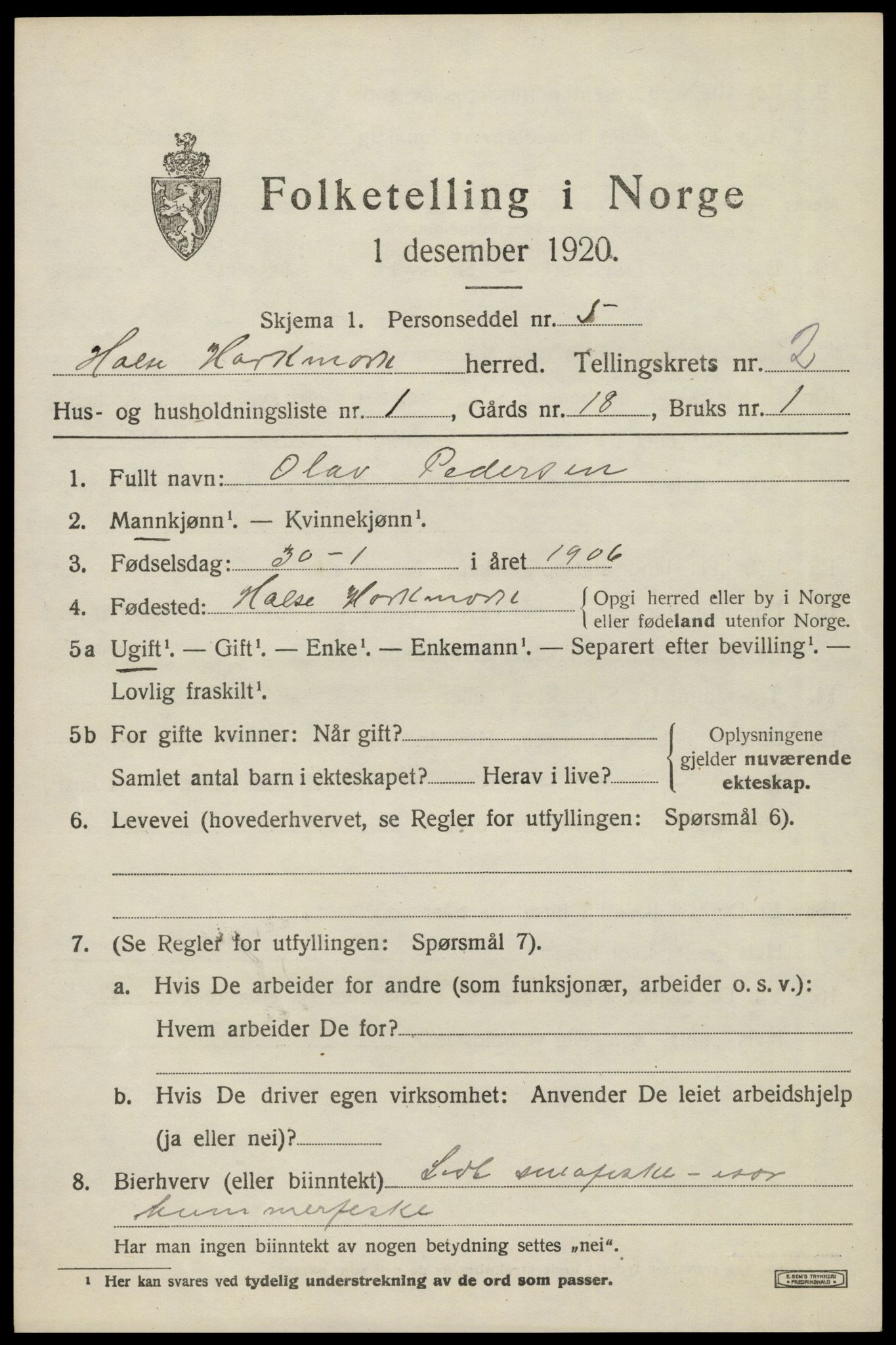SAK, Folketelling 1920 for 1019 Halse og Harkmark herred, 1920, s. 2033