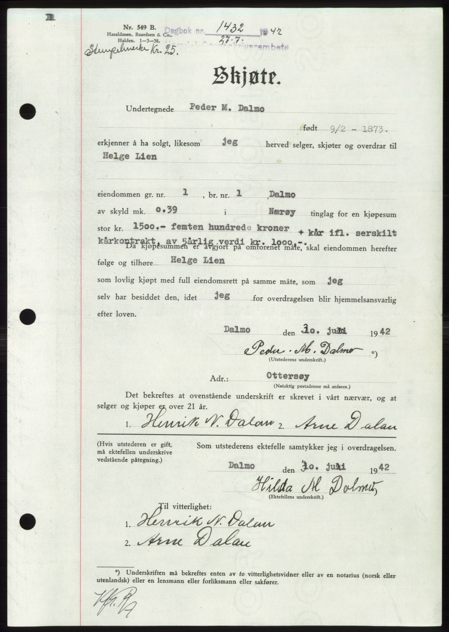 Namdal sorenskriveri, SAT/A-4133/1/2/2C: Pantebok nr. -, 1942-1943, Dagboknr: 1432/1942