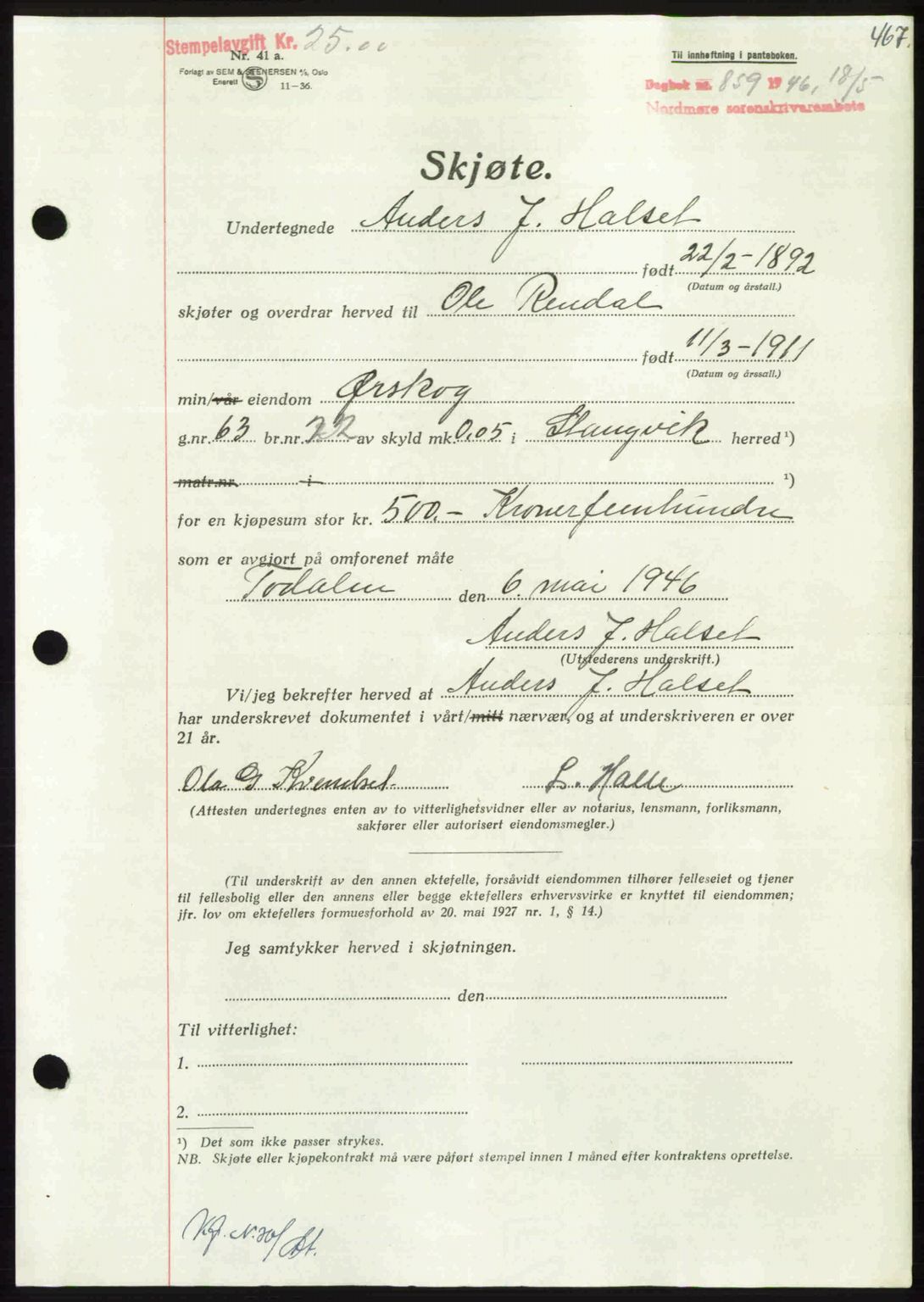 Nordmøre sorenskriveri, AV/SAT-A-4132/1/2/2Ca: Pantebok nr. A101, 1946-1946, Dagboknr: 859/1946