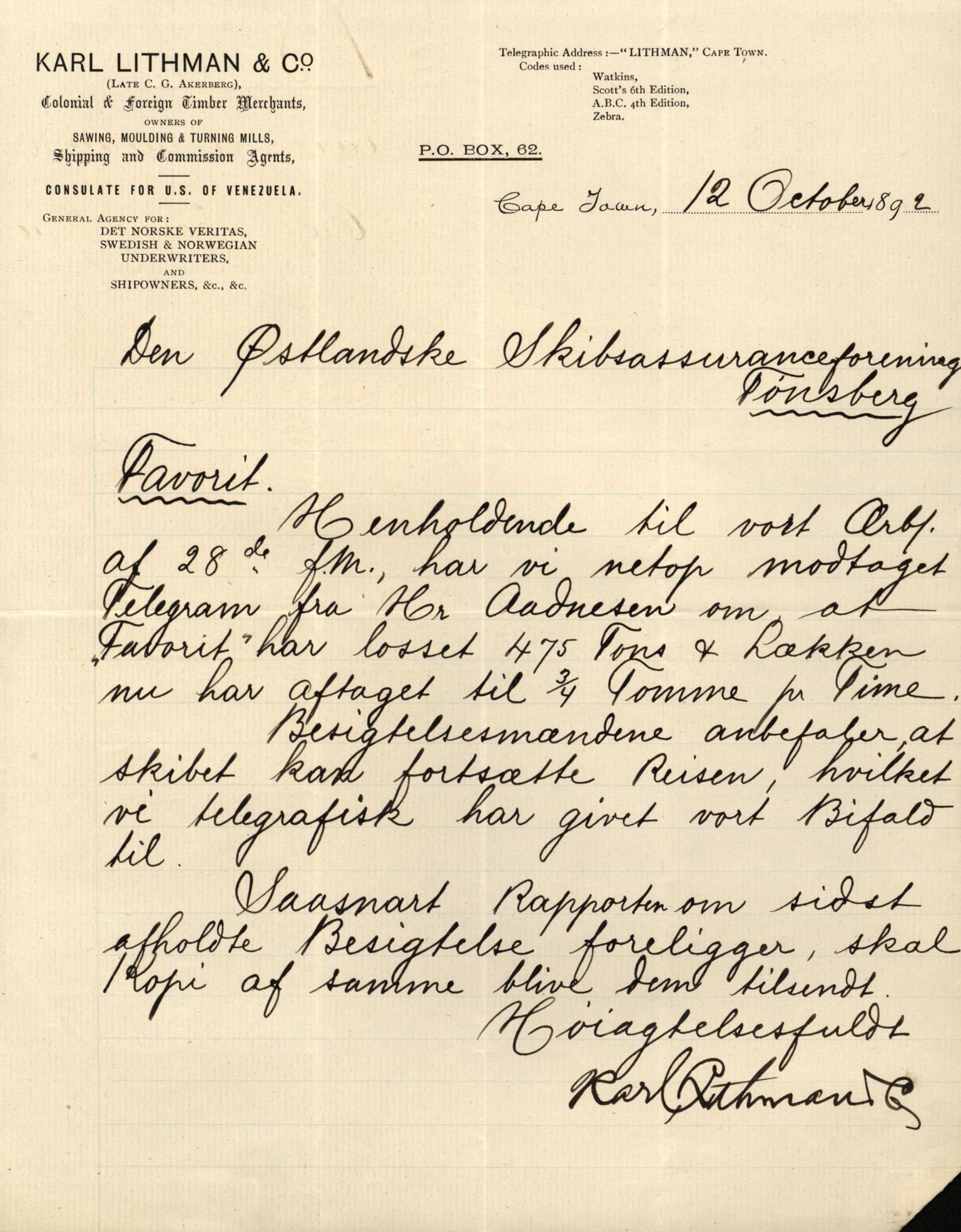 Pa 63 - Østlandske skibsassuranceforening, VEMU/A-1079/G/Ga/L0028/0002: Havaridokumenter / Marie, Favorit, Tabor, Sylphiden, Berthel, America, 1892, s. 16