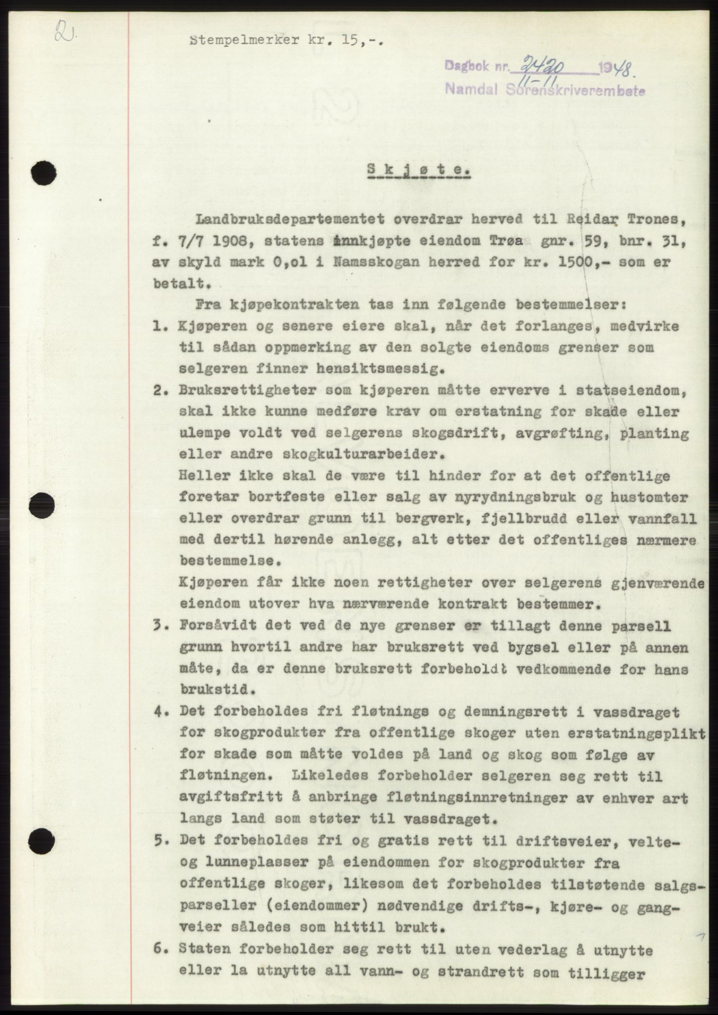Namdal sorenskriveri, SAT/A-4133/1/2/2C: Pantebok nr. -, 1948-1948, Dagboknr: 2420/1948