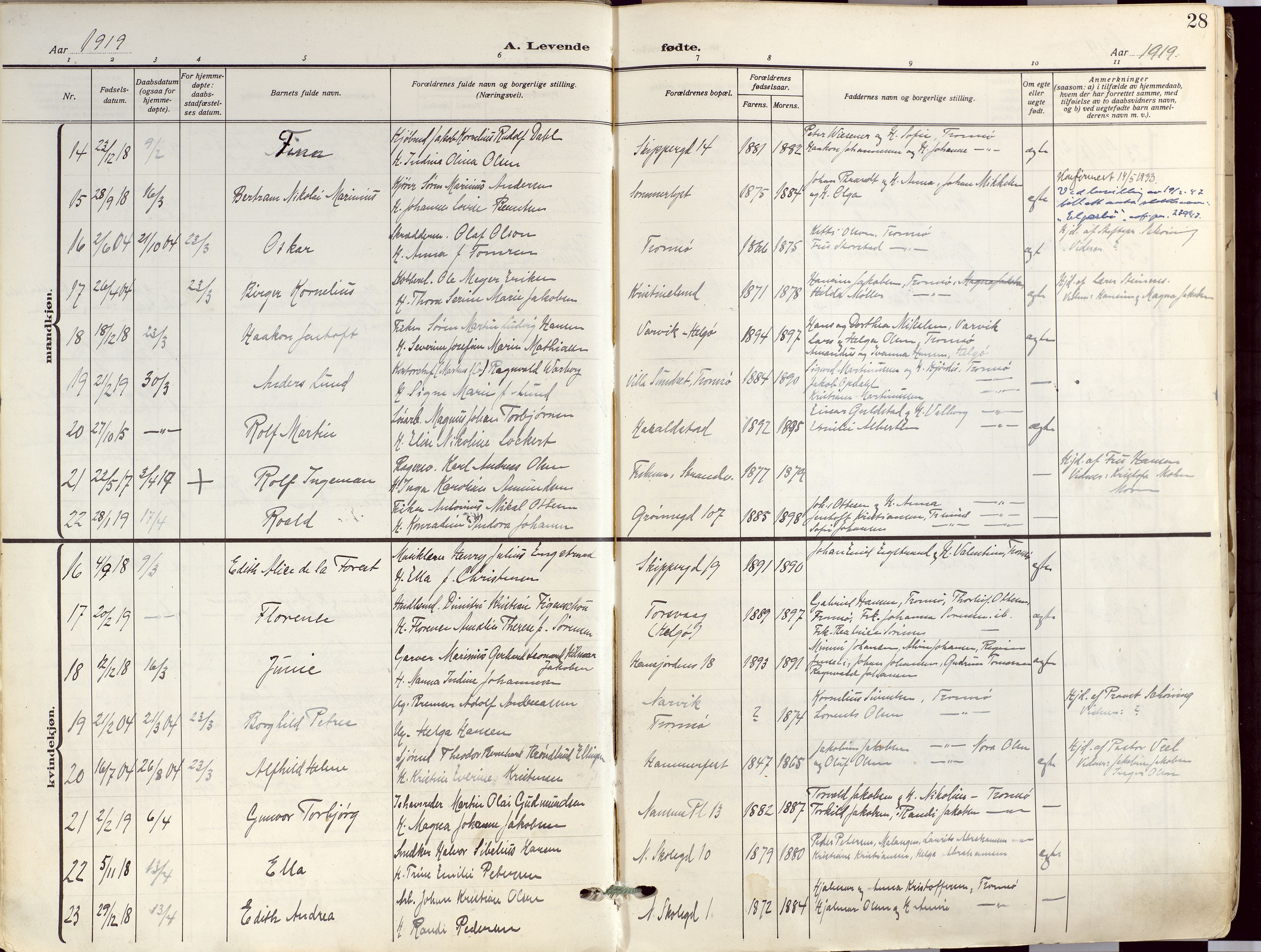 Tromsø sokneprestkontor/stiftsprosti/domprosti, AV/SATØ-S-1343/G/Ga/L0019kirke: Ministerialbok nr. 19, 1917-1927, s. 28