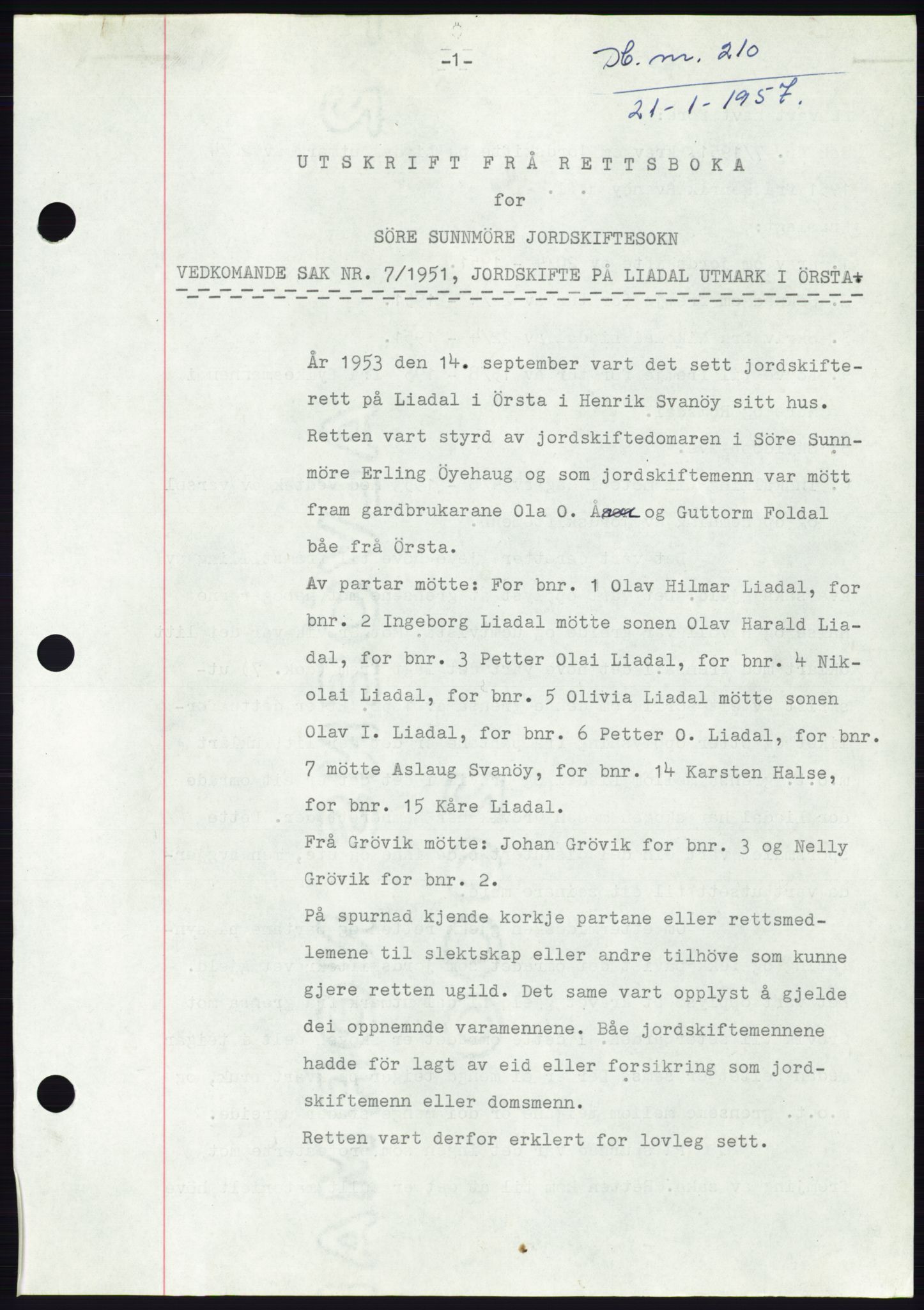 Søre Sunnmøre sorenskriveri, SAT/A-4122/1/2/2C/L0105: Pantebok nr. 31A, 1956-1957, Dagboknr: 210/1957