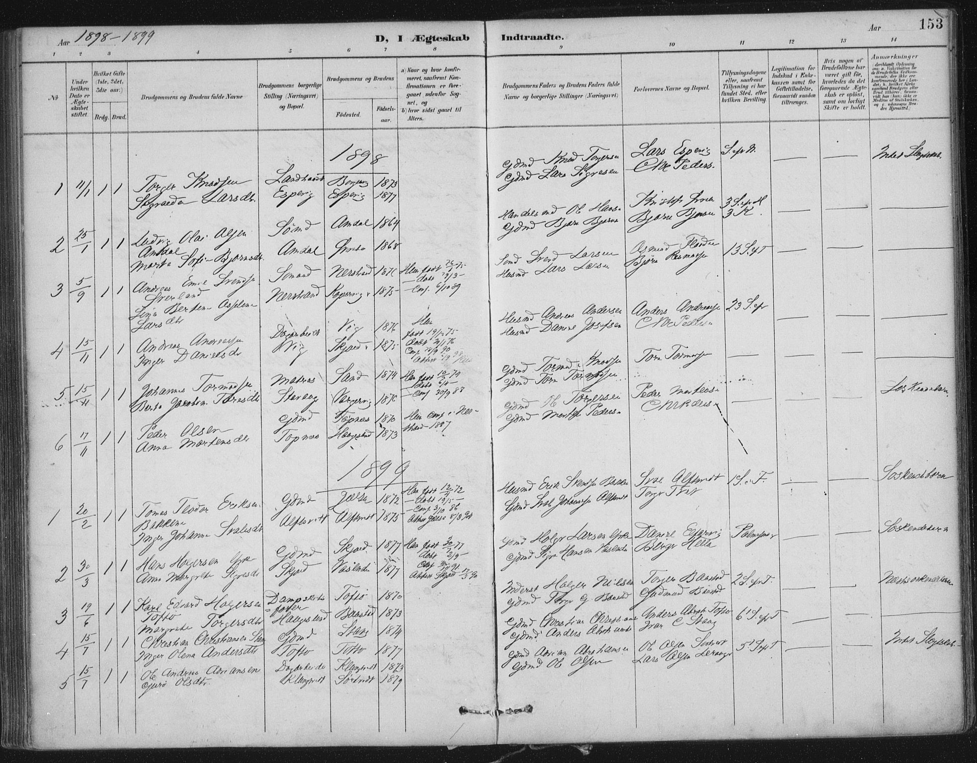 Nedstrand sokneprestkontor, AV/SAST-A-101841/01/IV: Ministerialbok nr. A 12, 1887-1915, s. 153