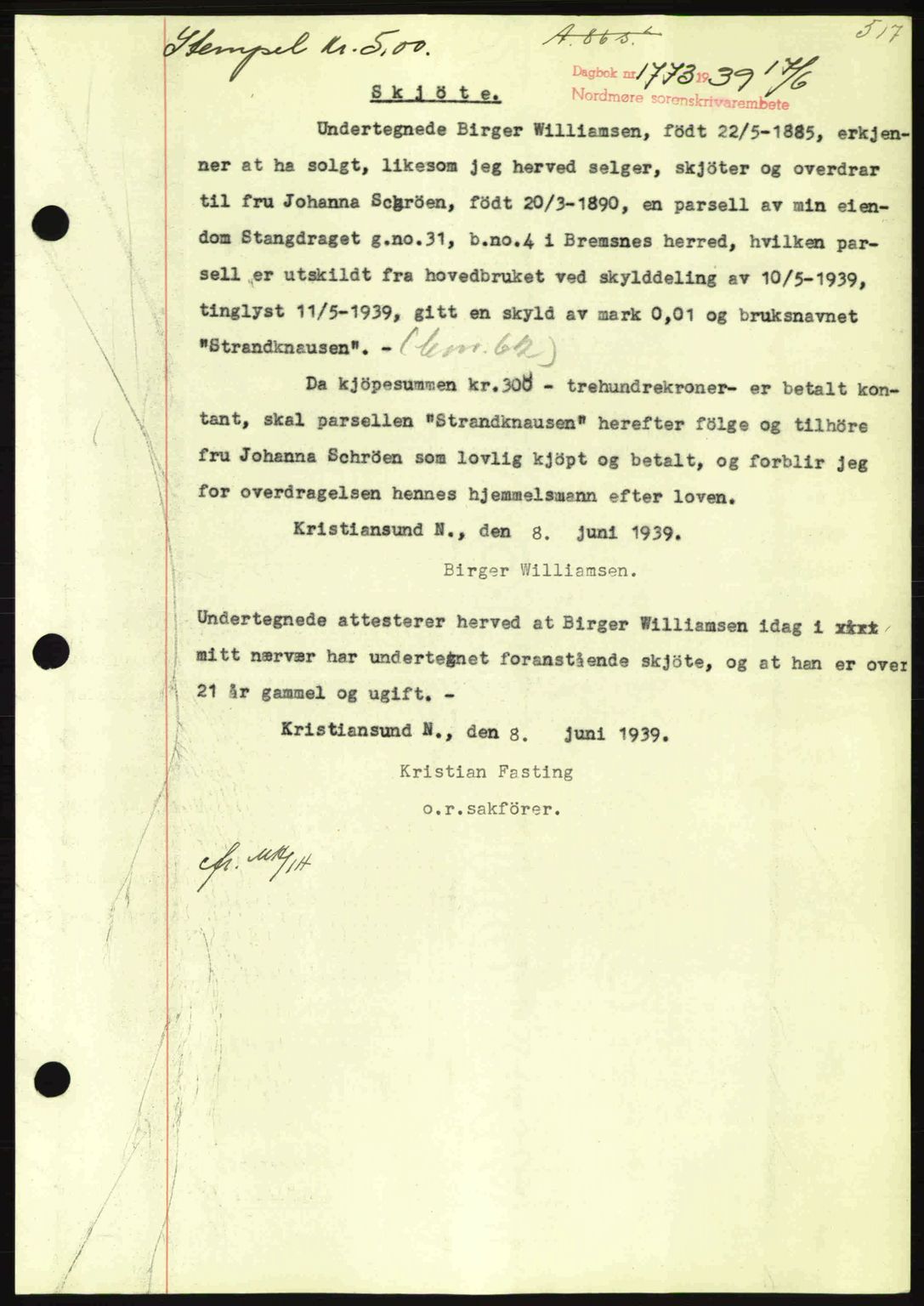 Nordmøre sorenskriveri, SAT/A-4132/1/2/2Ca: Pantebok nr. A86, 1939-1939, Dagboknr: 1773/1939