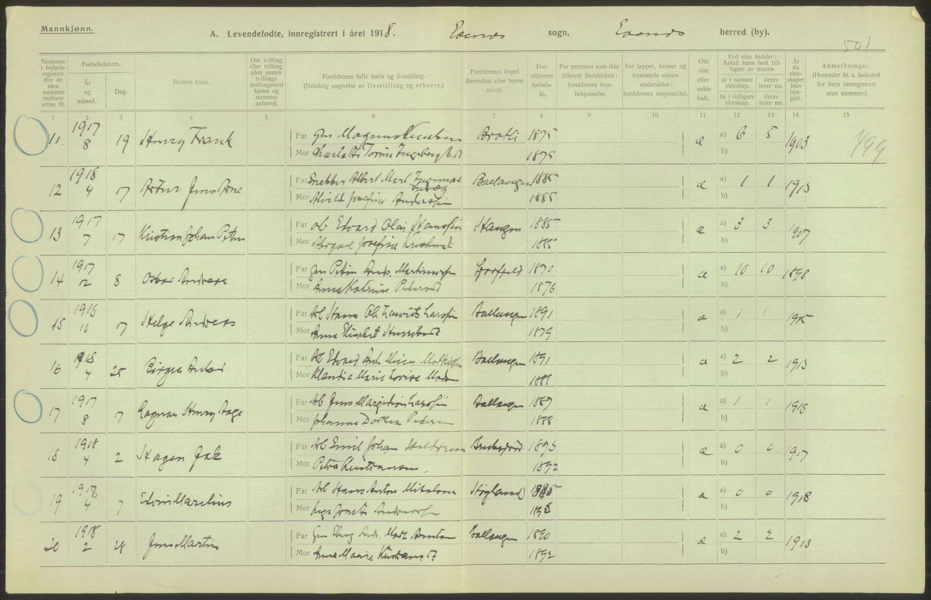 Statistisk sentralbyrå, Sosiodemografiske emner, Befolkning, RA/S-2228/D/Df/Dfb/Dfbh/L0052: Nordland fylke: Levendefødte menn og kvinner. Bygder., 1918, s. 400