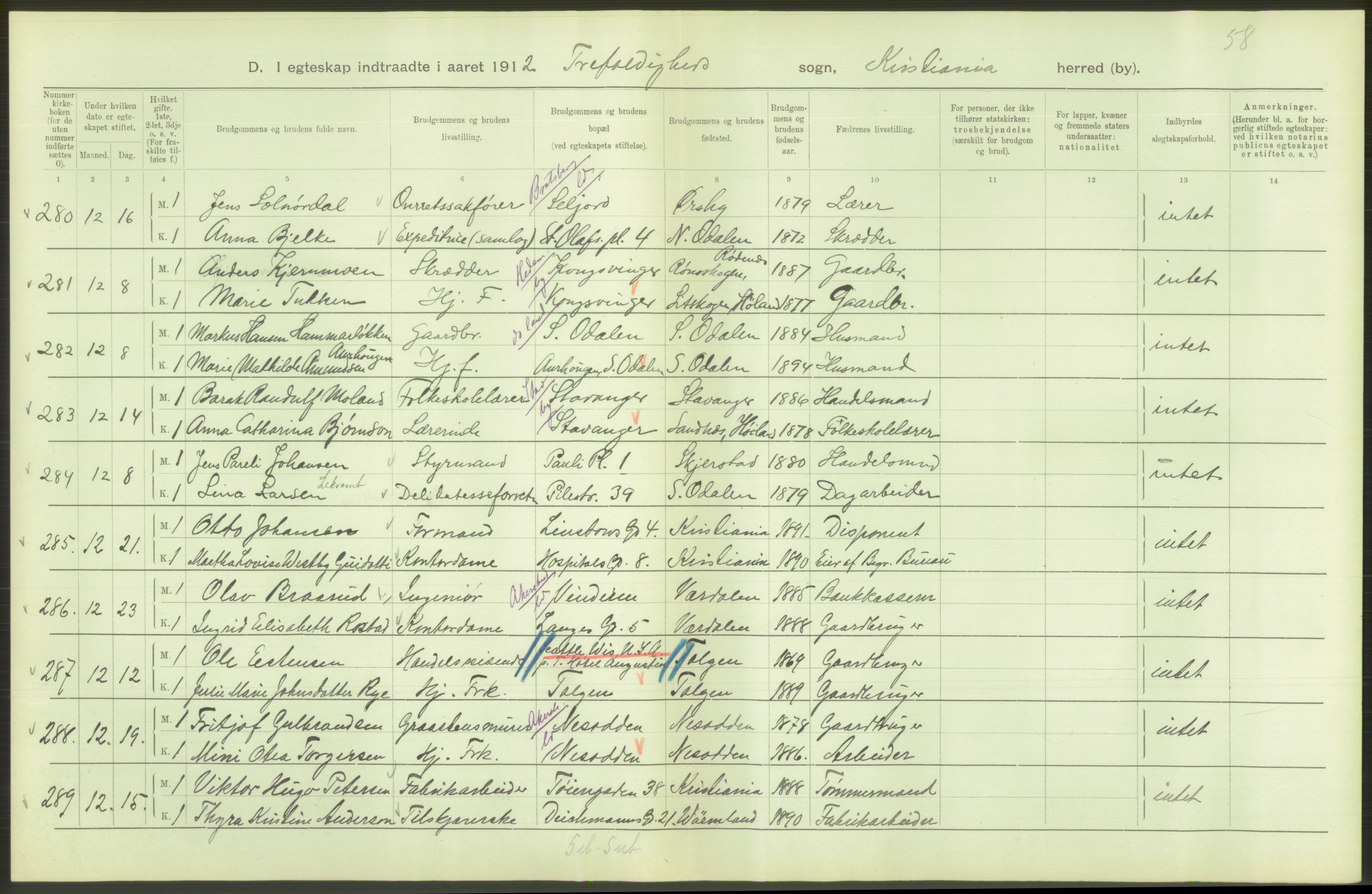 Statistisk sentralbyrå, Sosiodemografiske emner, Befolkning, AV/RA-S-2228/D/Df/Dfb/Dfbb/L0008: Kristiania: Gifte, 1912, s. 602