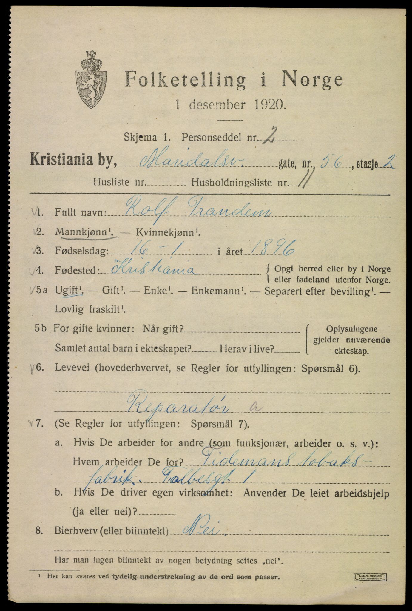 SAO, Folketelling 1920 for 0301 Kristiania kjøpstad, 1920, s. 379879