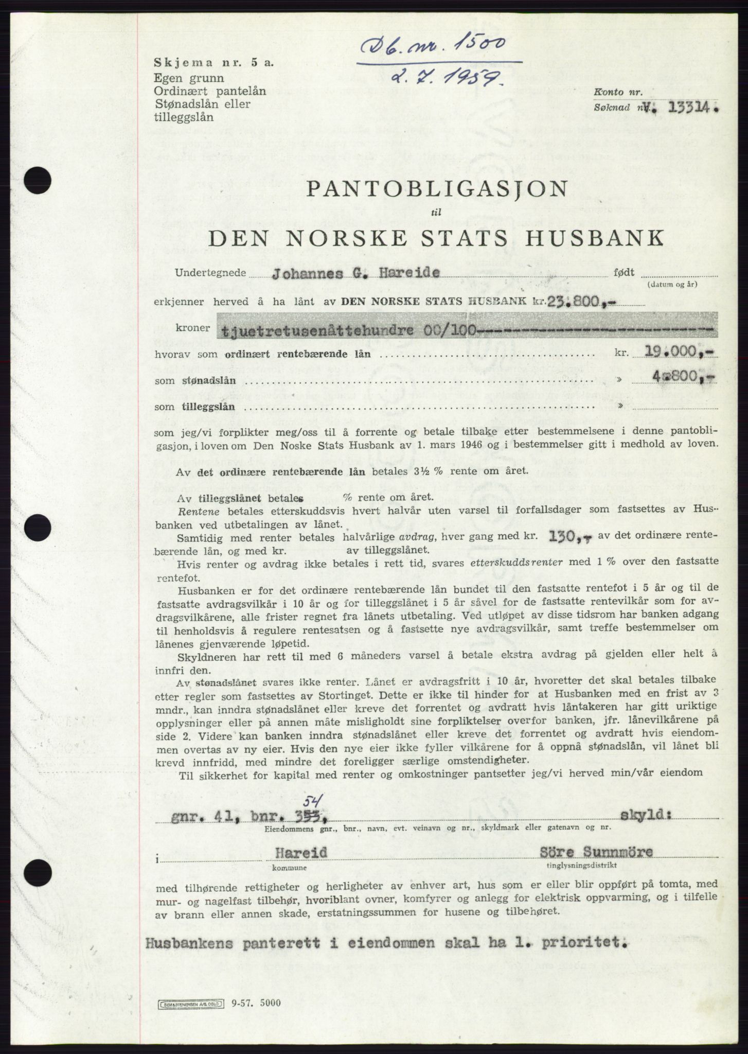 Søre Sunnmøre sorenskriveri, SAT/A-4122/1/2/2C/L0133: Pantebok nr. 21B, 1959-1959, Dagboknr: 1500/1959
