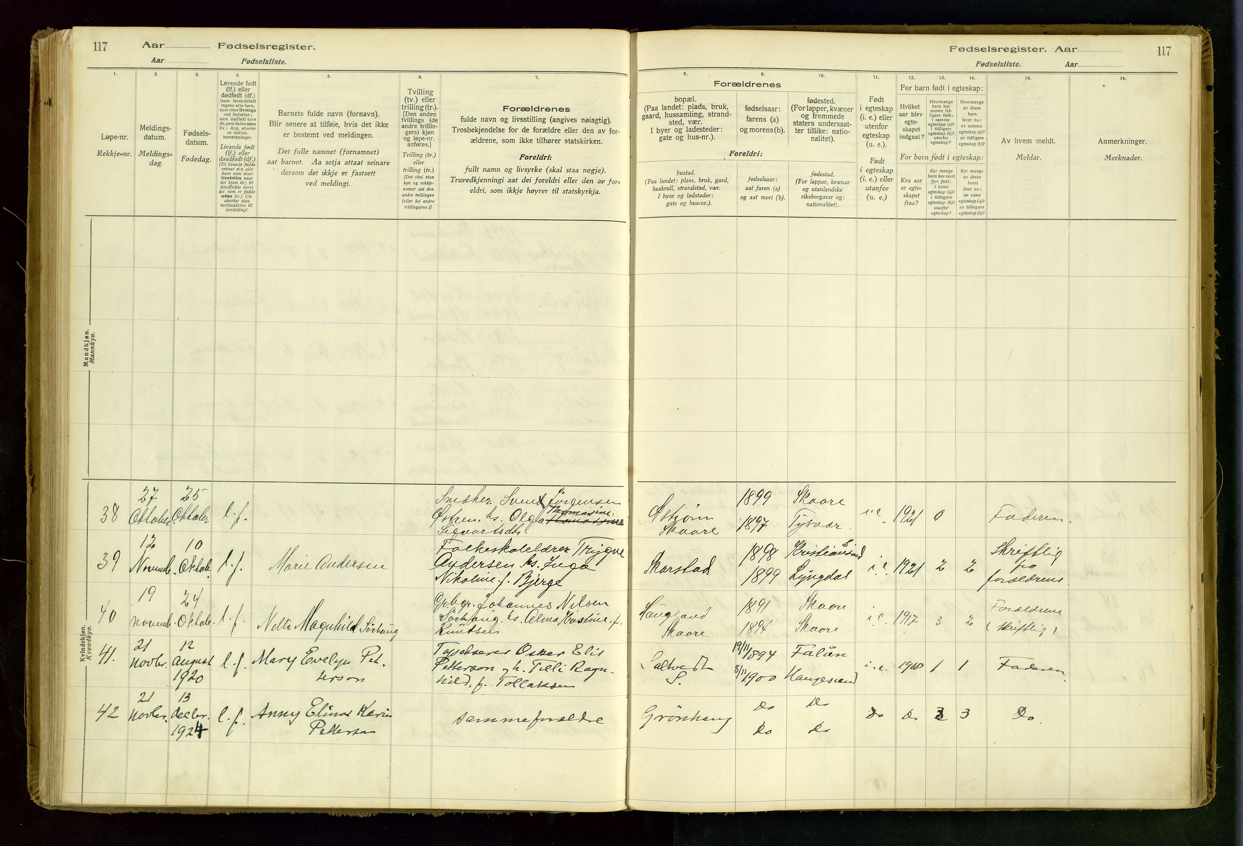 Haugesund sokneprestkontor, AV/SAST-A -101863/I/Id/L0001: Fødselsregister nr. 1, 1916-1935, s. 117