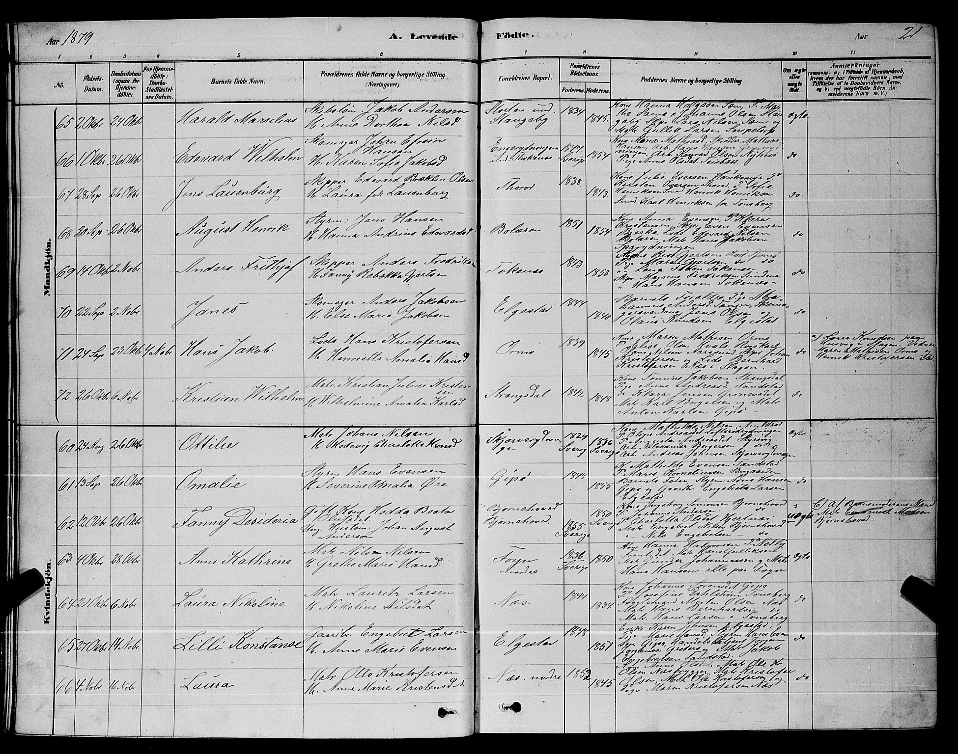 Nøtterøy kirkebøker, AV/SAKO-A-354/G/Ga/L0003: Klokkerbok nr. I 3, 1878-1893, s. 21