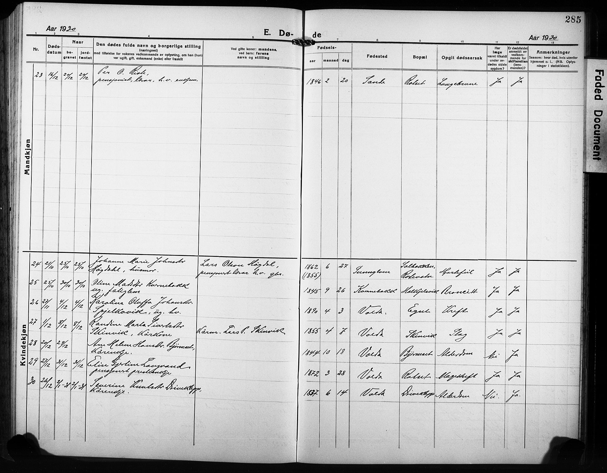 Ministerialprotokoller, klokkerbøker og fødselsregistre - Møre og Romsdal, AV/SAT-A-1454/511/L0160: Klokkerbok nr. 511C06, 1920-1932, s. 285