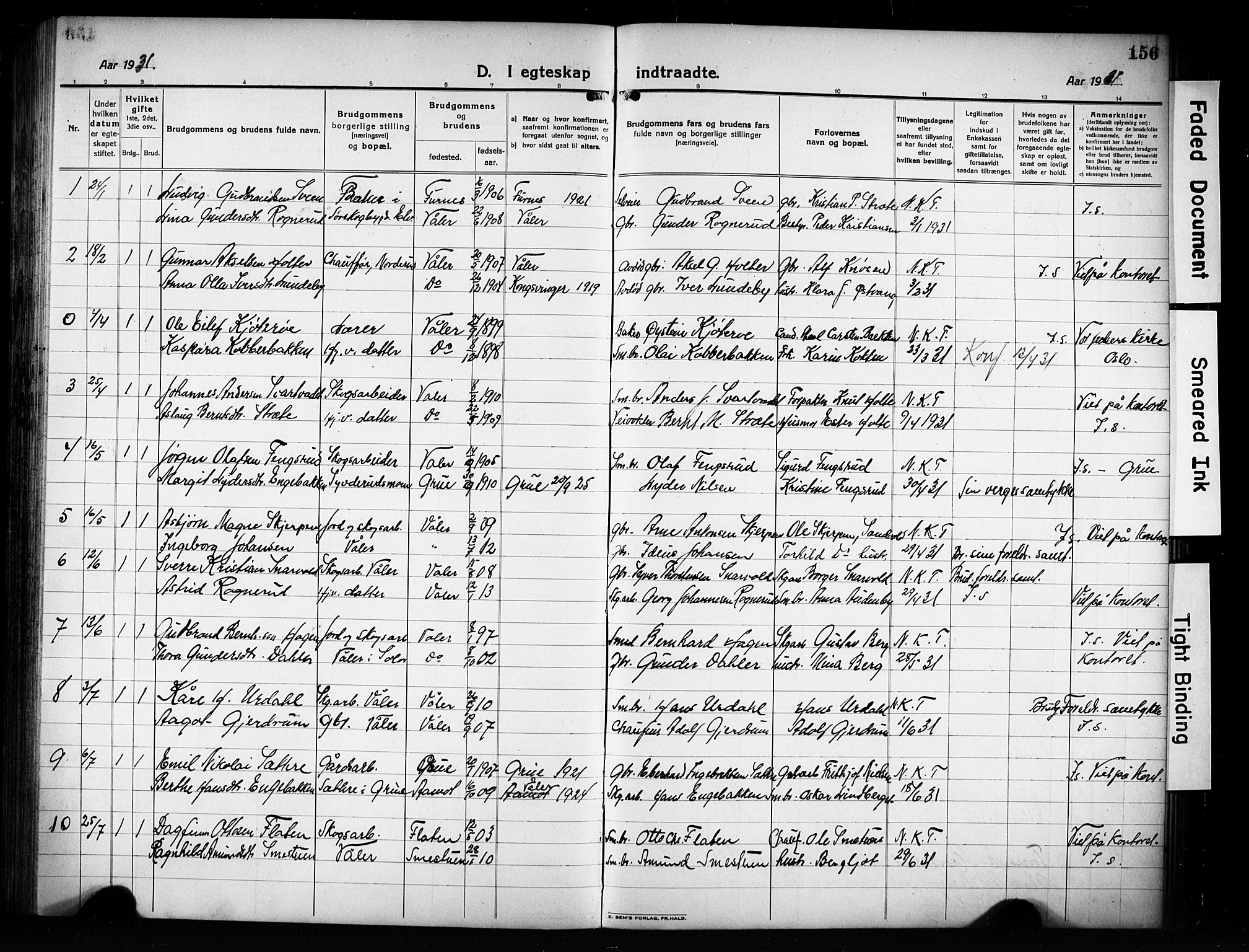 Våler prestekontor, Hedmark, AV/SAH-PREST-040/H/Ha/Hab/L0004: Klokkerbok nr. 4, 1922-1931, s. 156