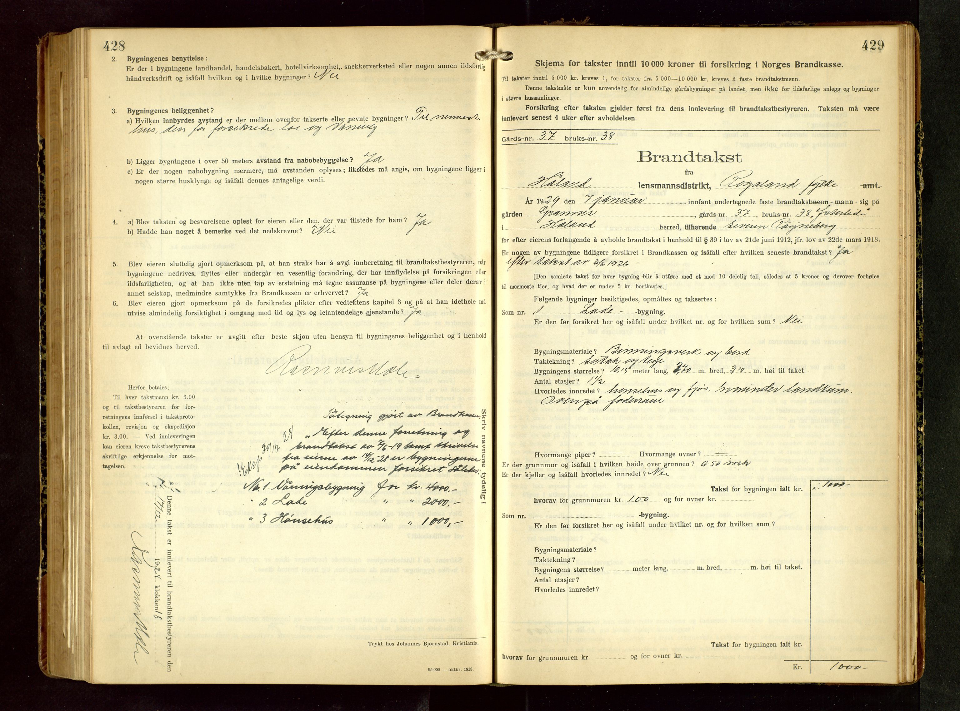 Håland lensmannskontor, SAST/A-100100/Gob/L0008: Branntakstprotokoll - skjematakst. Register i boken., 1925-1930, s. 428-429