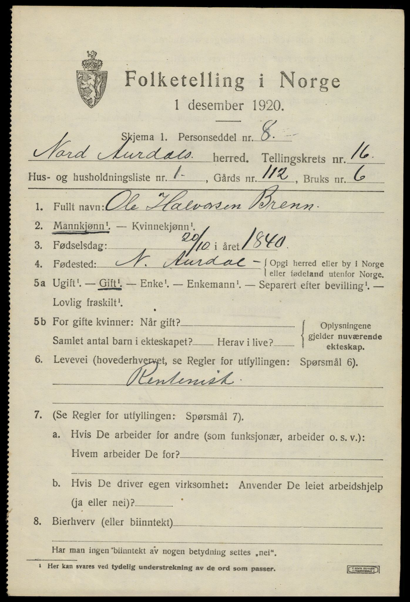 SAH, Folketelling 1920 for 0542 Nord-Aurdal herred, 1920, s. 11750