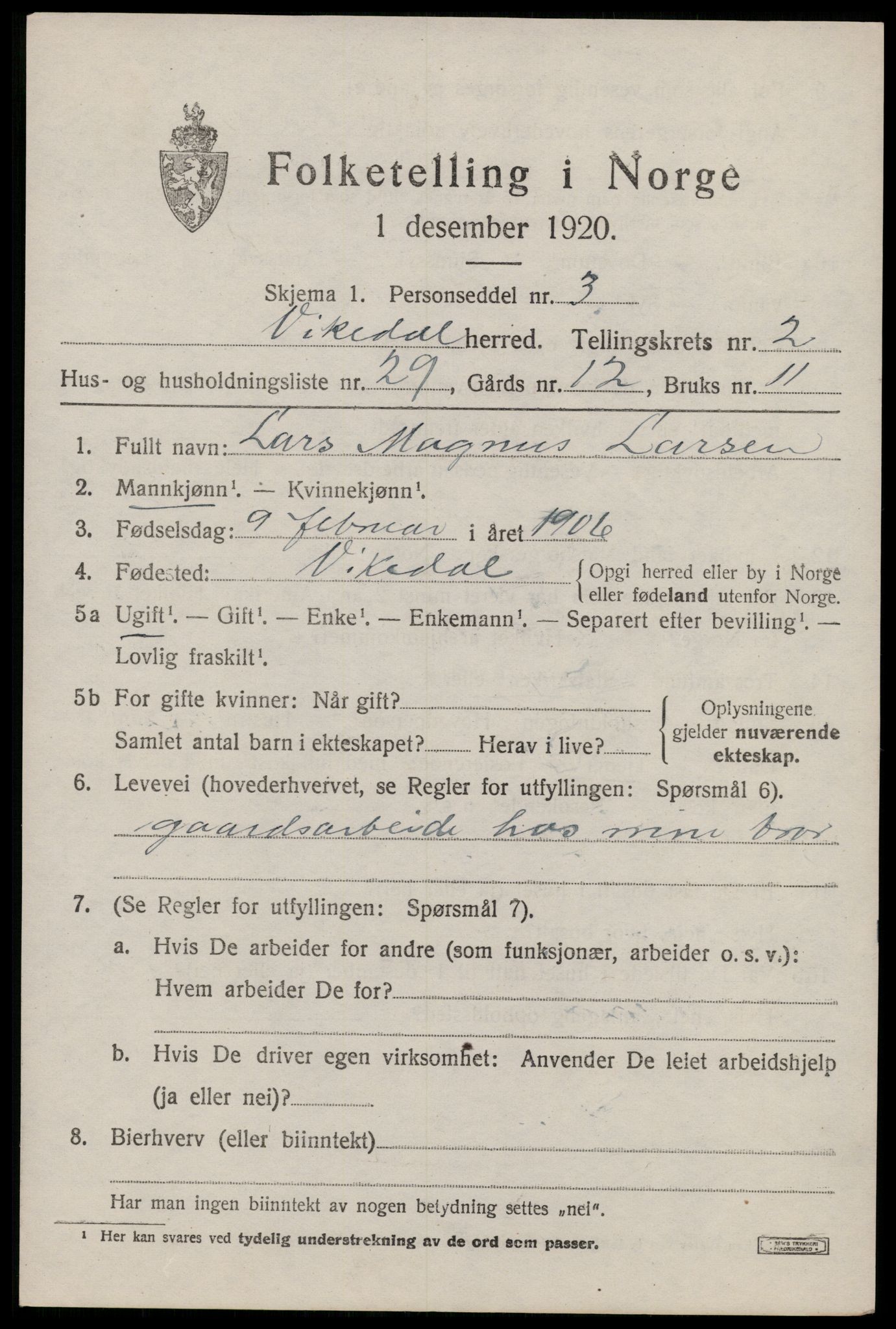 SAST, Folketelling 1920 for 1157 Vikedal herred, 1920, s. 1635
