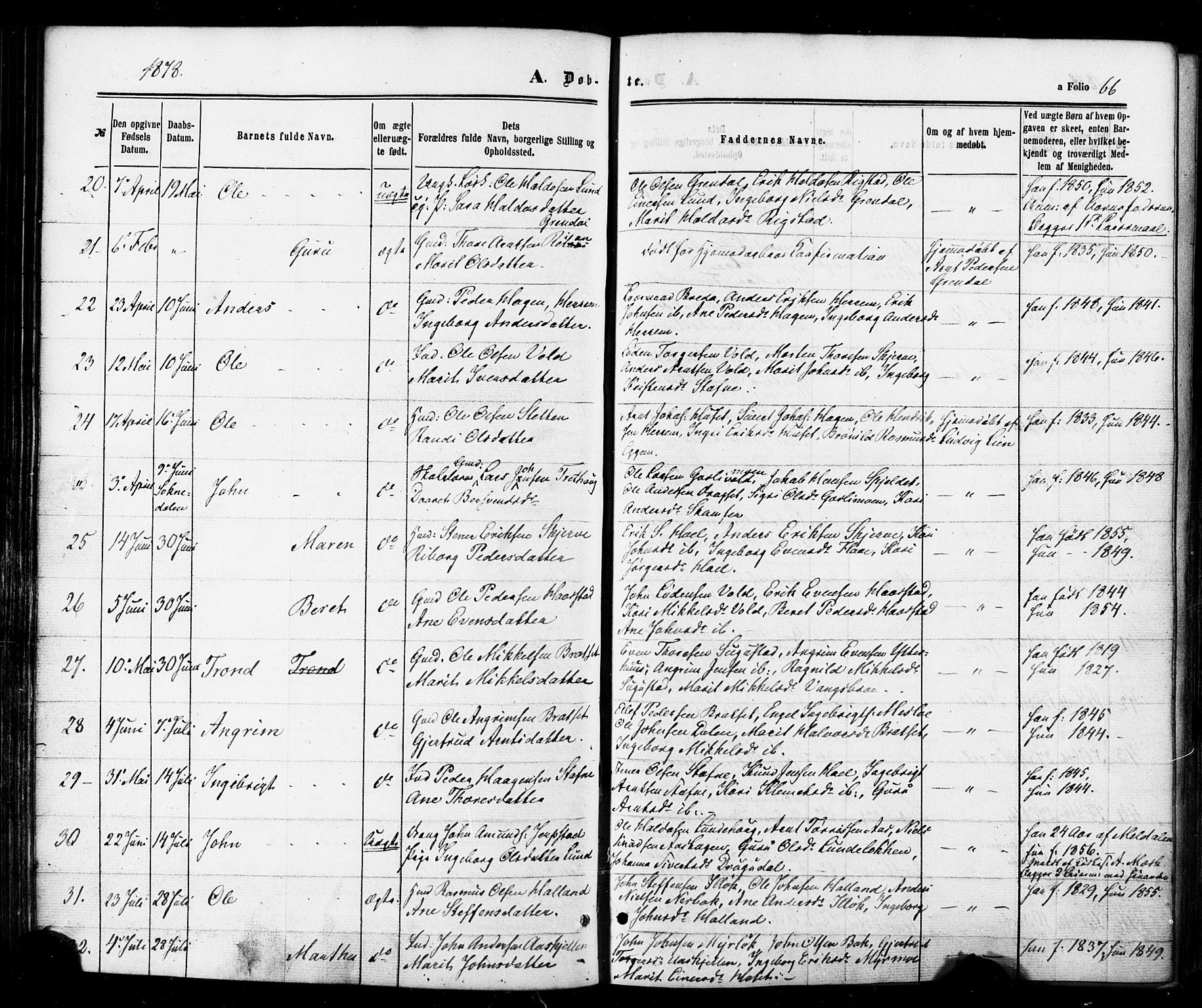 Ministerialprotokoller, klokkerbøker og fødselsregistre - Sør-Trøndelag, SAT/A-1456/674/L0870: Ministerialbok nr. 674A02, 1861-1879, s. 66