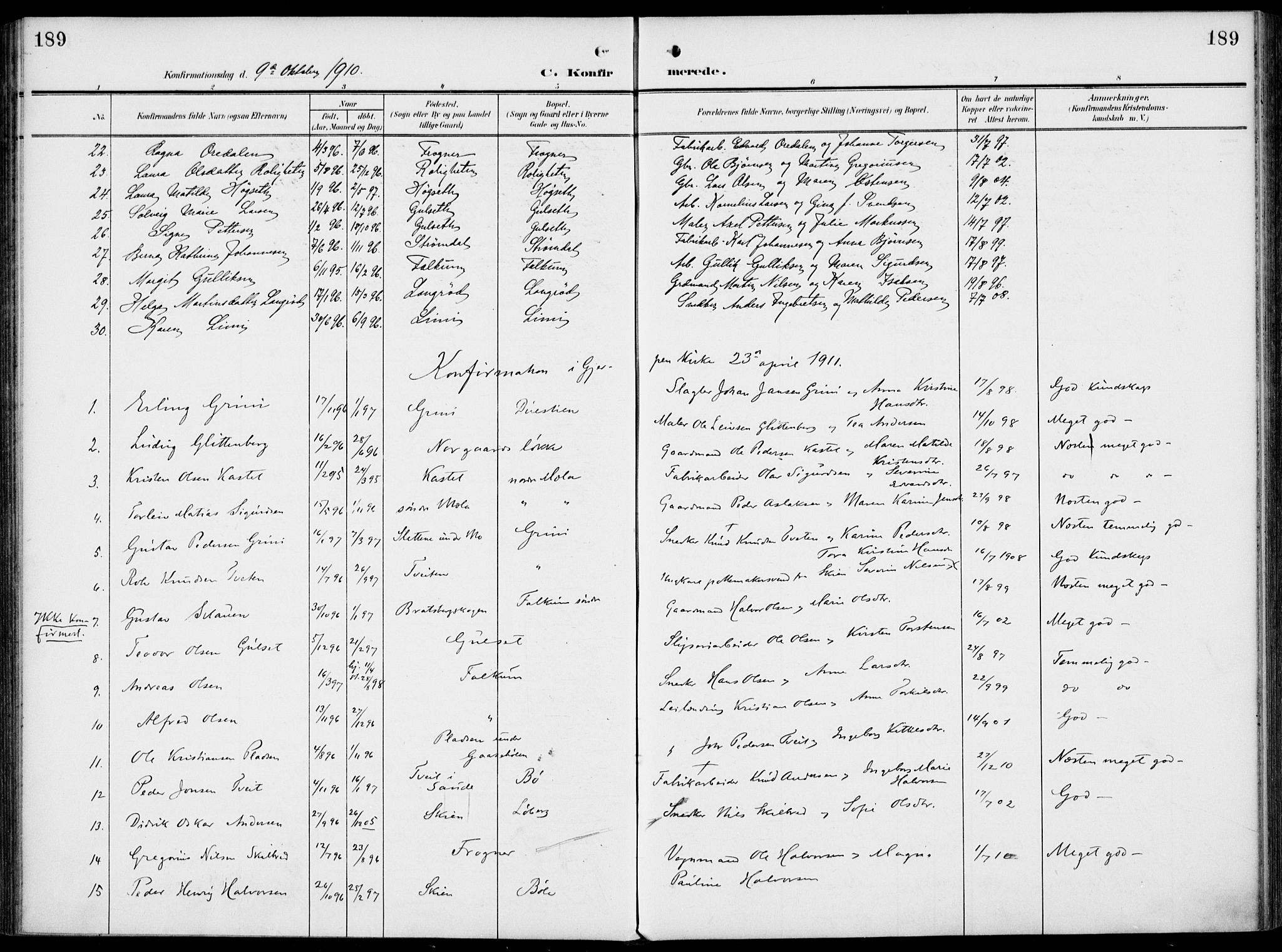 Gjerpen kirkebøker, AV/SAKO-A-265/F/Fa/L0012: Ministerialbok nr. I 12, 1905-1913, s. 189