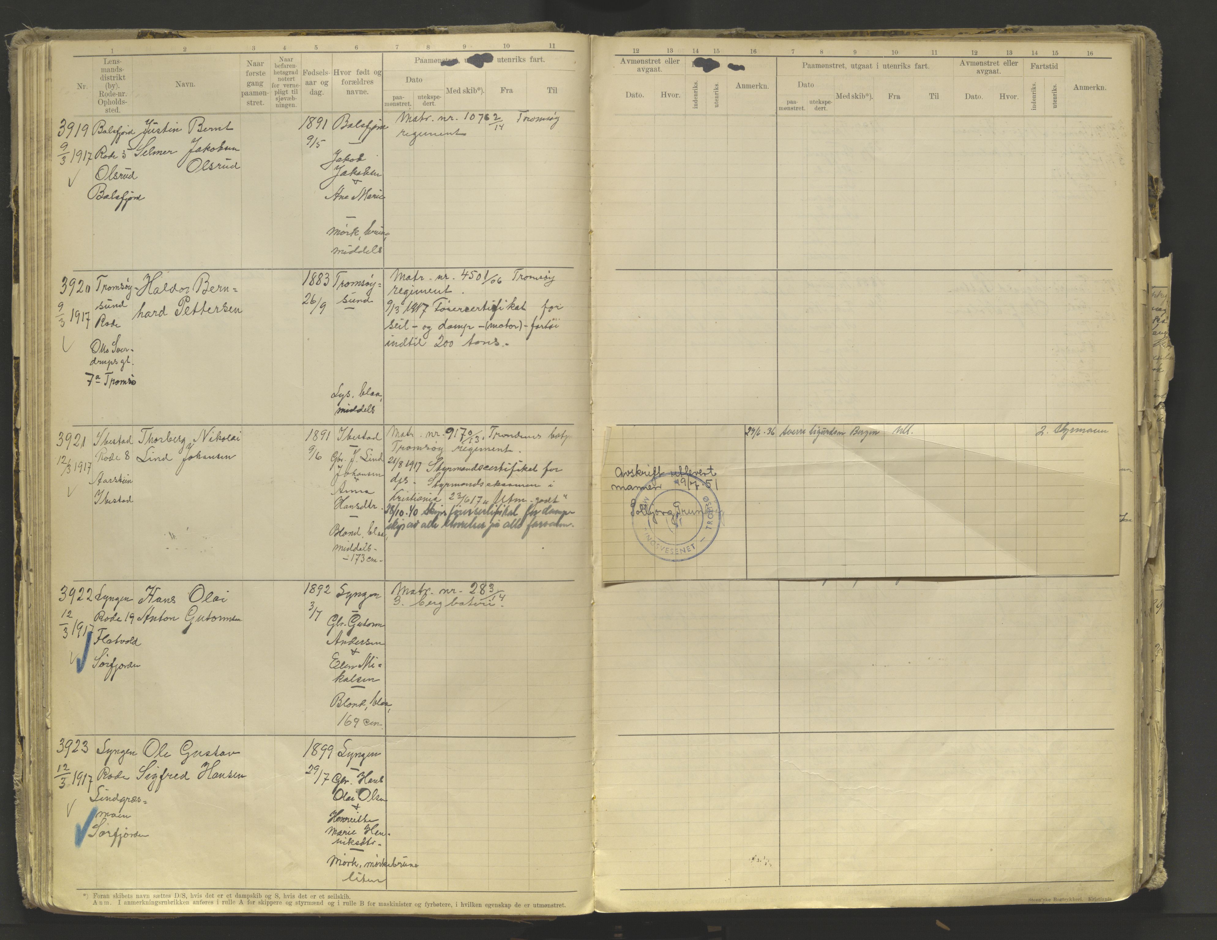 Tromsø sjømannskontor/innrullerings-/mønstringsdistrikt, AV/SATØ-S-0243/F/Fb/L0010: Annotasjonsrulle. Defekt: løs innbinding. Nr. 3519-4972, 1916-1920