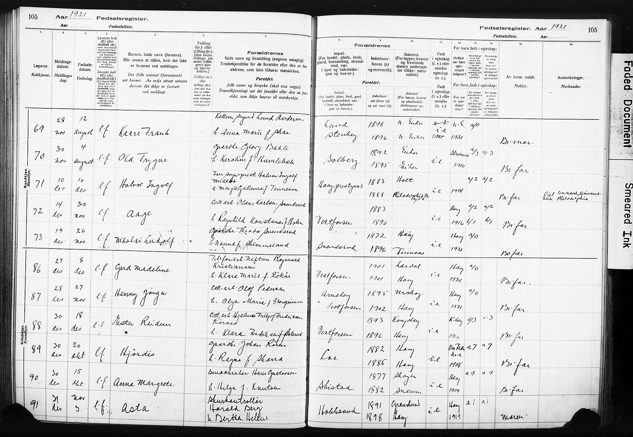 Eiker kirkebøker, AV/SAKO-A-4/J/Ja/L0001: Fødselsregister nr. I 1, 1916-1927, s. 105