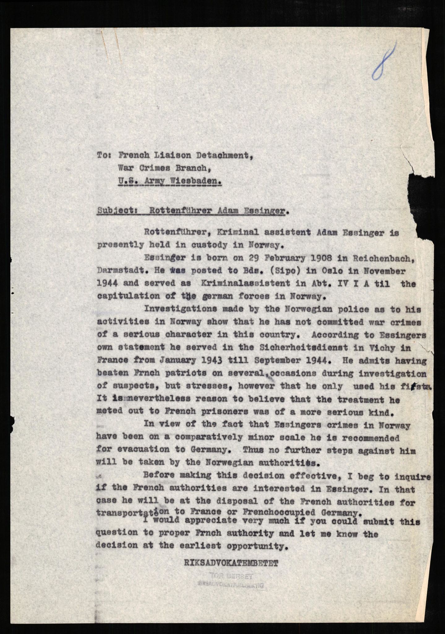 Forsvaret, Forsvarets overkommando II, RA/RAFA-3915/D/Db/L0007: CI Questionaires. Tyske okkupasjonsstyrker i Norge. Tyskere., 1945-1946, s. 318