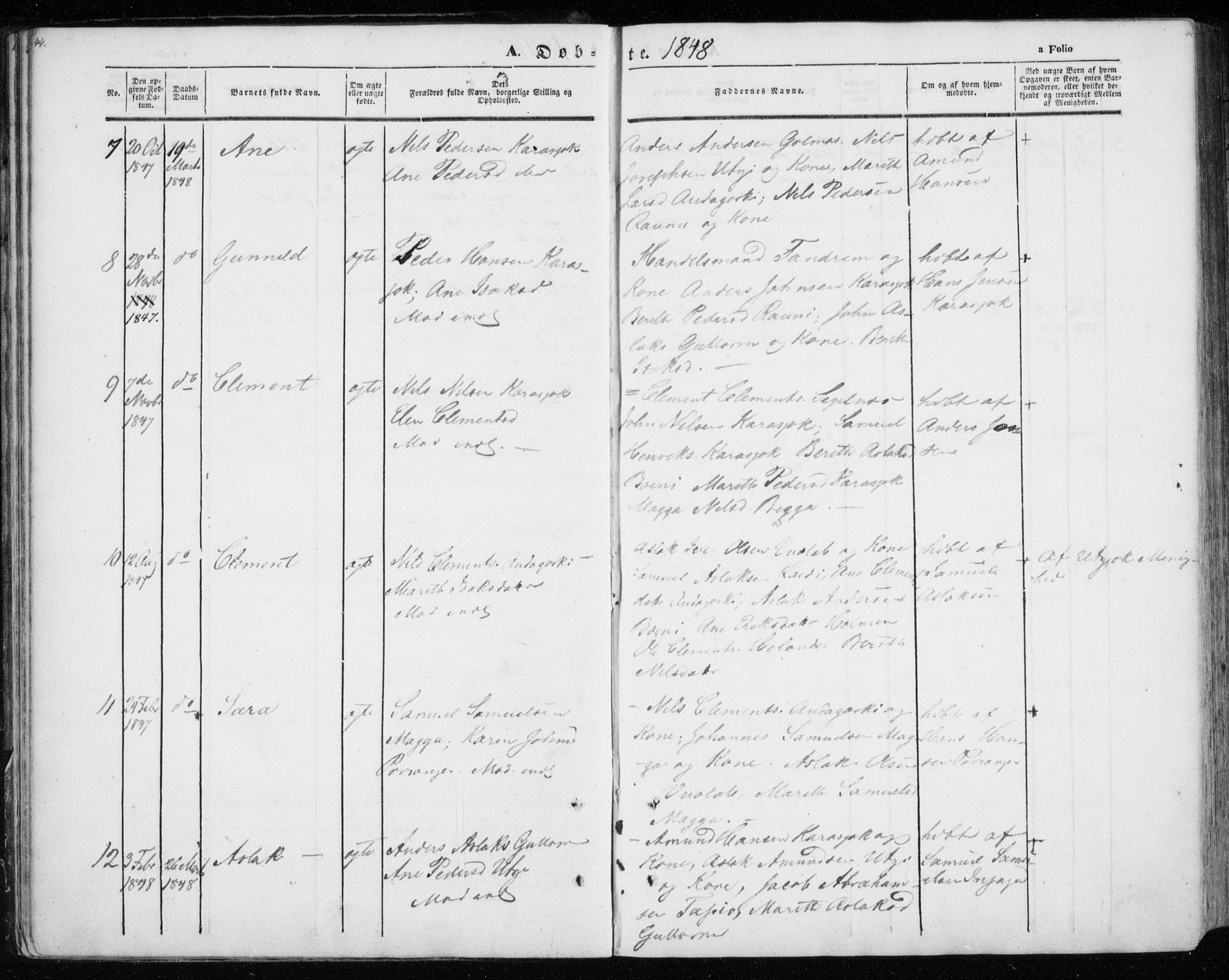Kistrand/Porsanger sokneprestembete, AV/SATØ-S-1351/H/Ha/L0012.kirke: Ministerialbok nr. 12, 1843-1871, s. 44-45