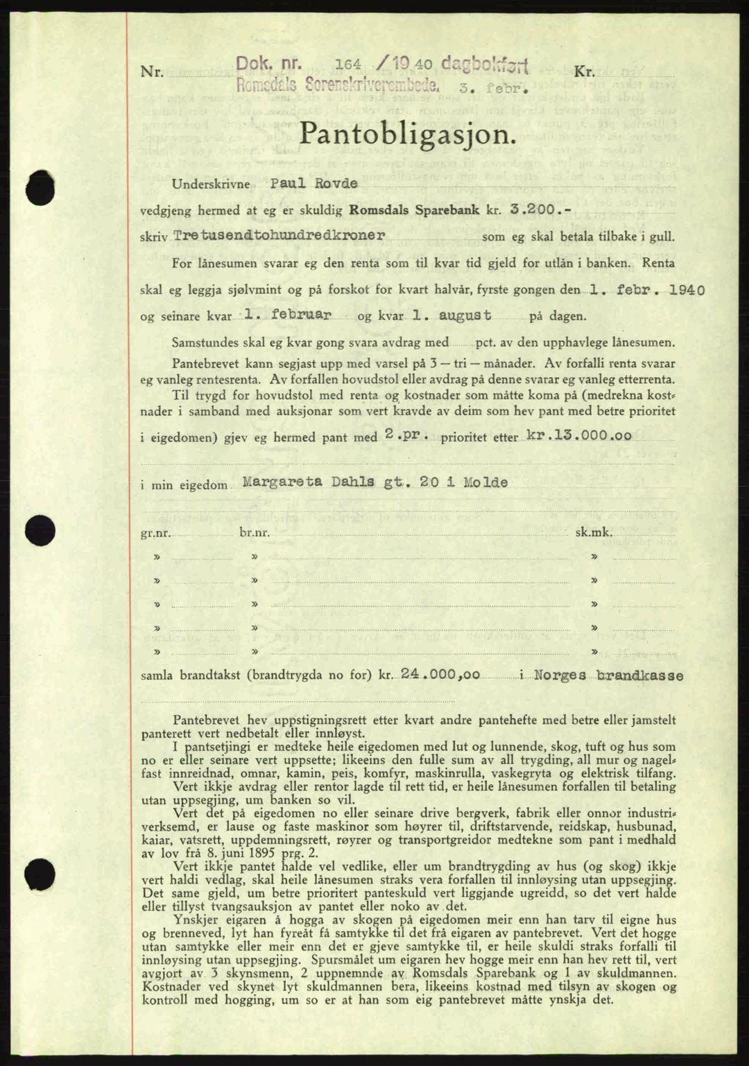 Romsdal sorenskriveri, SAT/A-4149/1/2/2C: Pantebok nr. B2, 1939-1945, Dagboknr: 164/1940