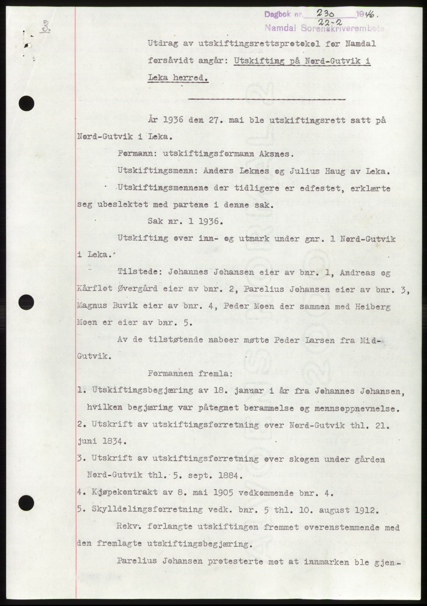 Namdal sorenskriveri, SAT/A-4133/1/2/2C: Pantebok nr. -, 1946-1946, Dagboknr: 230/1946