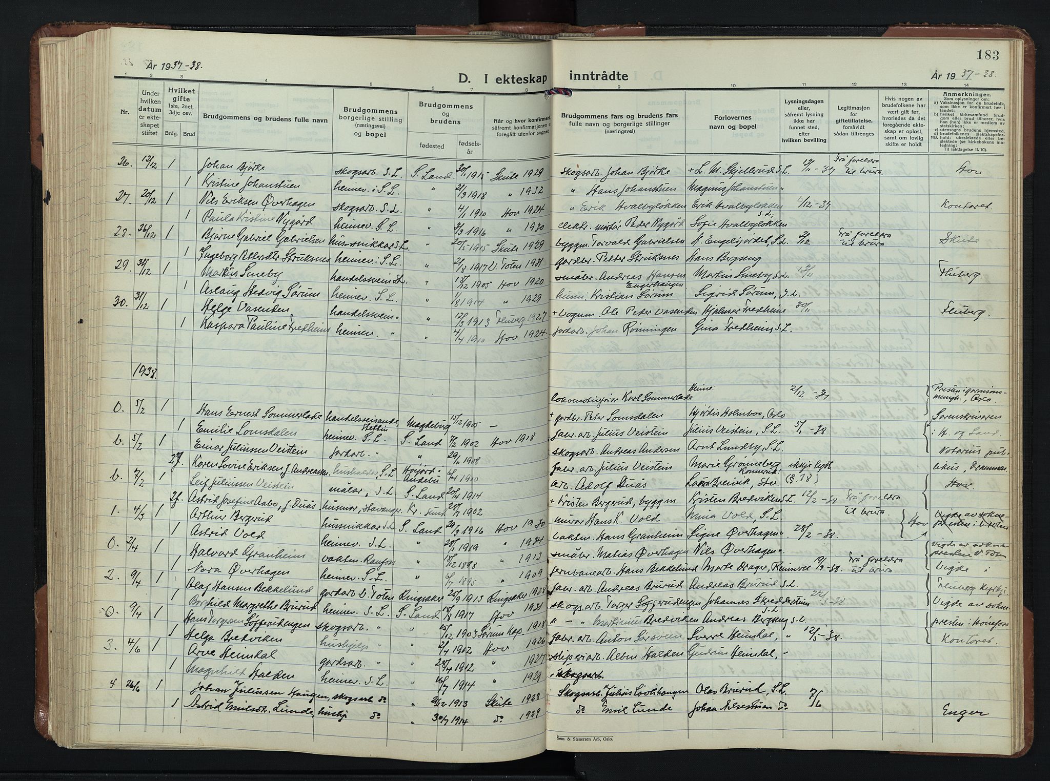Søndre Land prestekontor, AV/SAH-PREST-122/L/L0009: Klokkerbok nr. 9, 1933-1954, s. 183