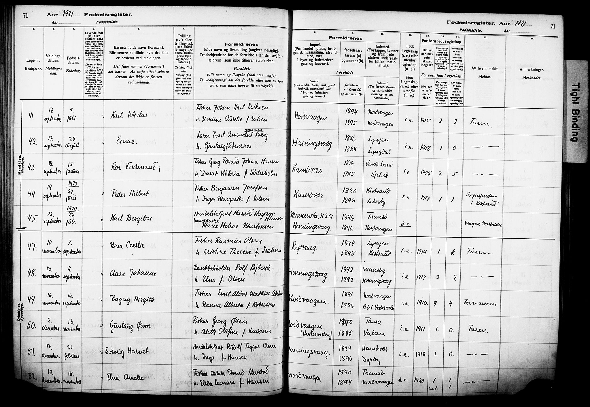 Kjelvik/Nordkapp sokneprestkontor, AV/SATØ-S-1350/I/Ia/L0015: Fødselsregister nr. 15, 1916-1930, s. 71