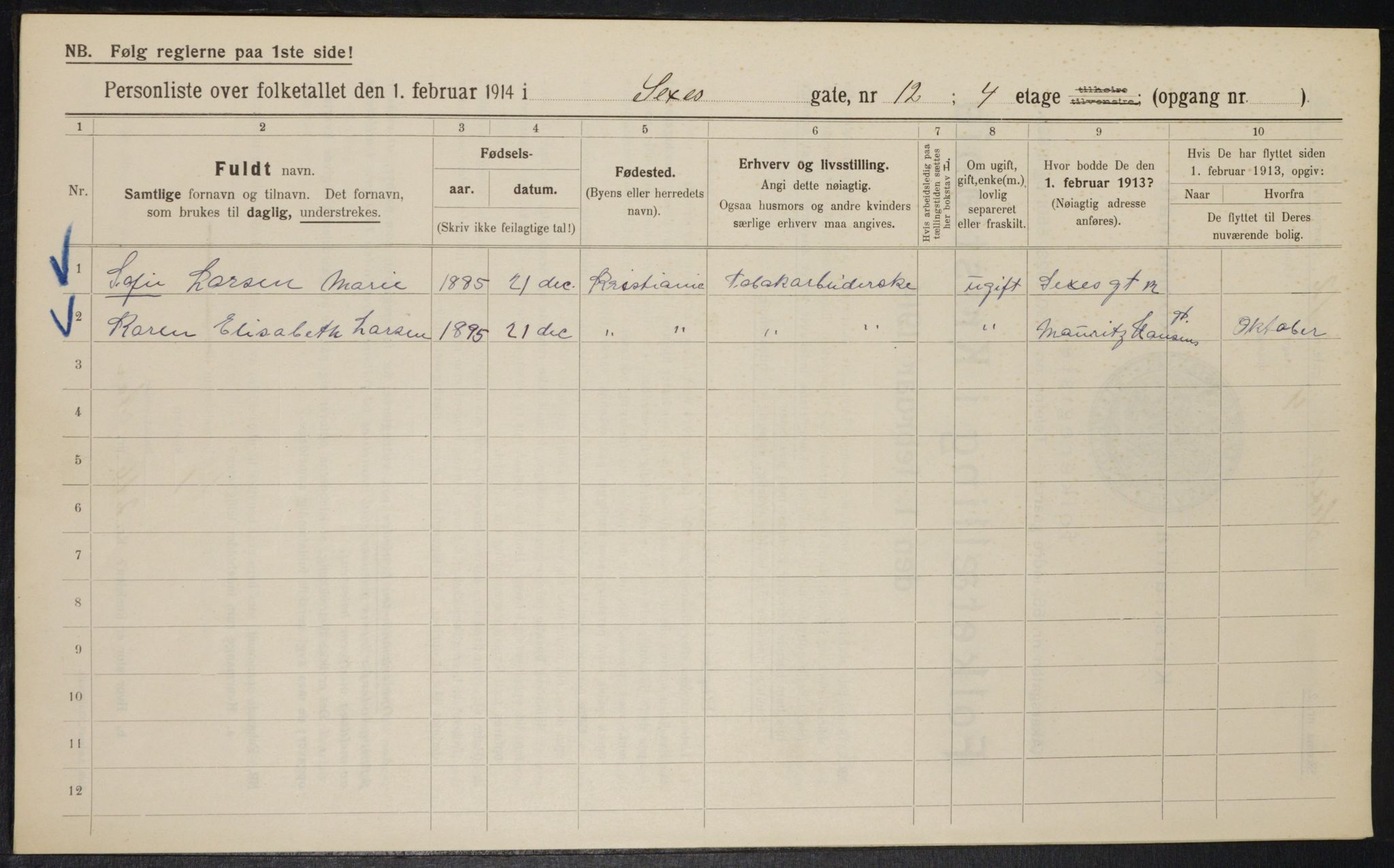 OBA, Kommunal folketelling 1.2.1914 for Kristiania, 1914, s. 94626