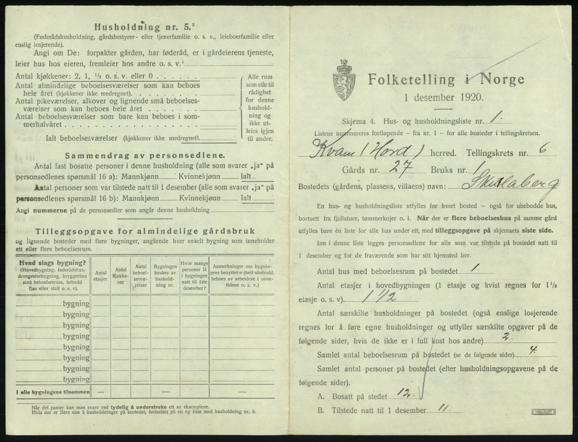 SAB, Folketelling 1920 for 1238 Kvam herred, 1920, s. 493