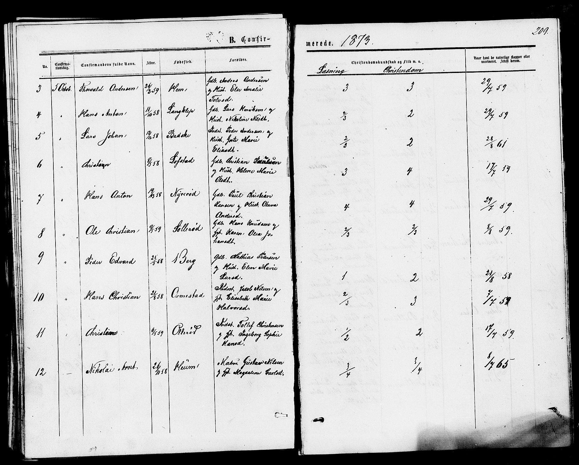 Våle kirkebøker, AV/SAKO-A-334/F/Fa/L0010: Ministerialbok nr. I 10, 1861-1877, s. 209