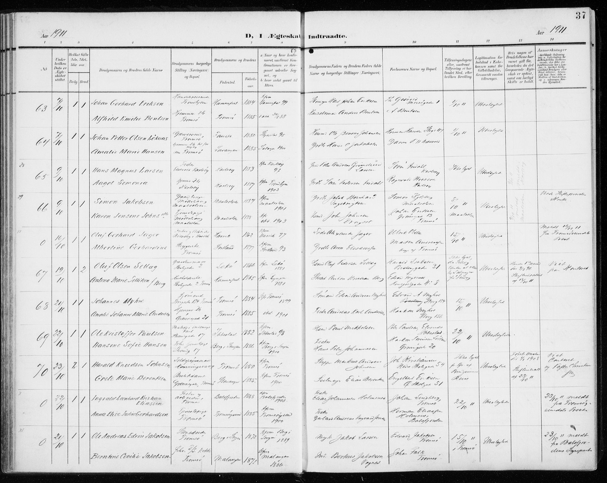 Tromsø sokneprestkontor/stiftsprosti/domprosti, AV/SATØ-S-1343/G/Ga/L0018kirke: Ministerialbok nr. 18, 1907-1917, s. 37