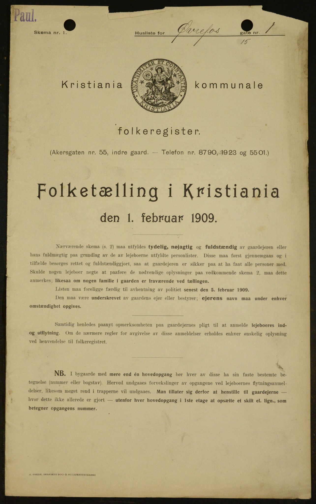 OBA, Kommunal folketelling 1.2.1909 for Kristiania kjøpstad, 1909, s. 117496