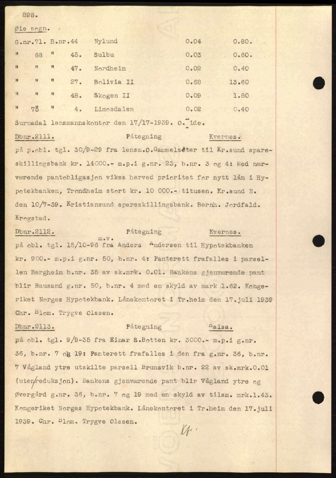 Nordmøre sorenskriveri, SAT/A-4132/1/2/2Ca: Pantebok nr. C80, 1936-1939, Dagboknr: 2111/1939